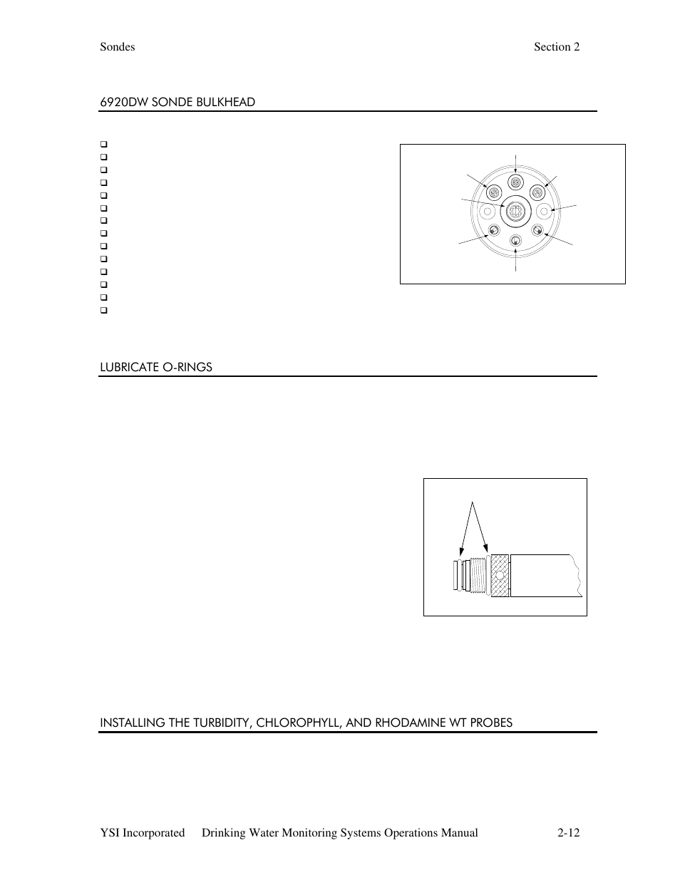 6920dw sonde bulkhead, Lubricate o-rings | YSI 600DW-B Sonde User Manual | Page 19 / 300