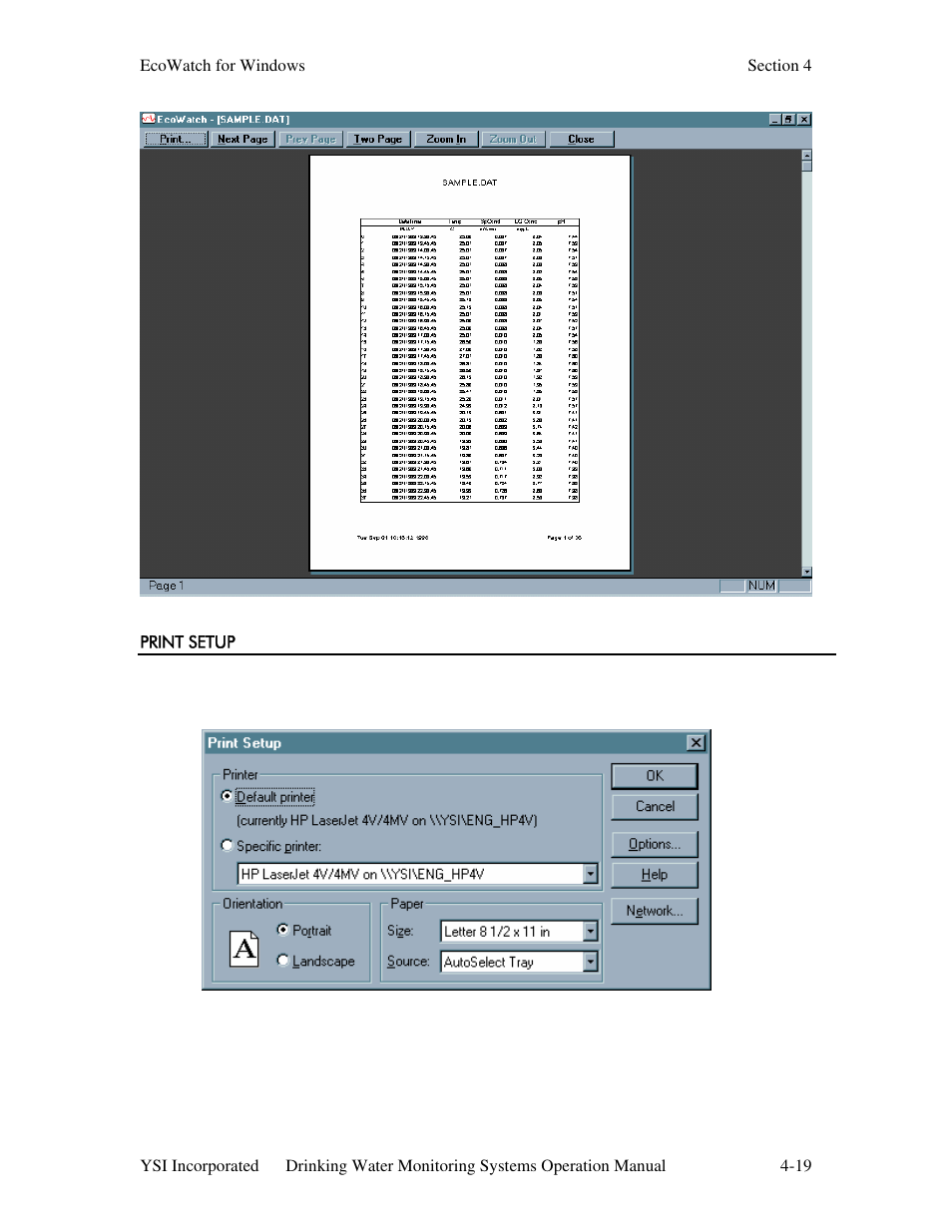 Print setup | YSI 600DW-B Sonde User Manual | Page 190 / 300