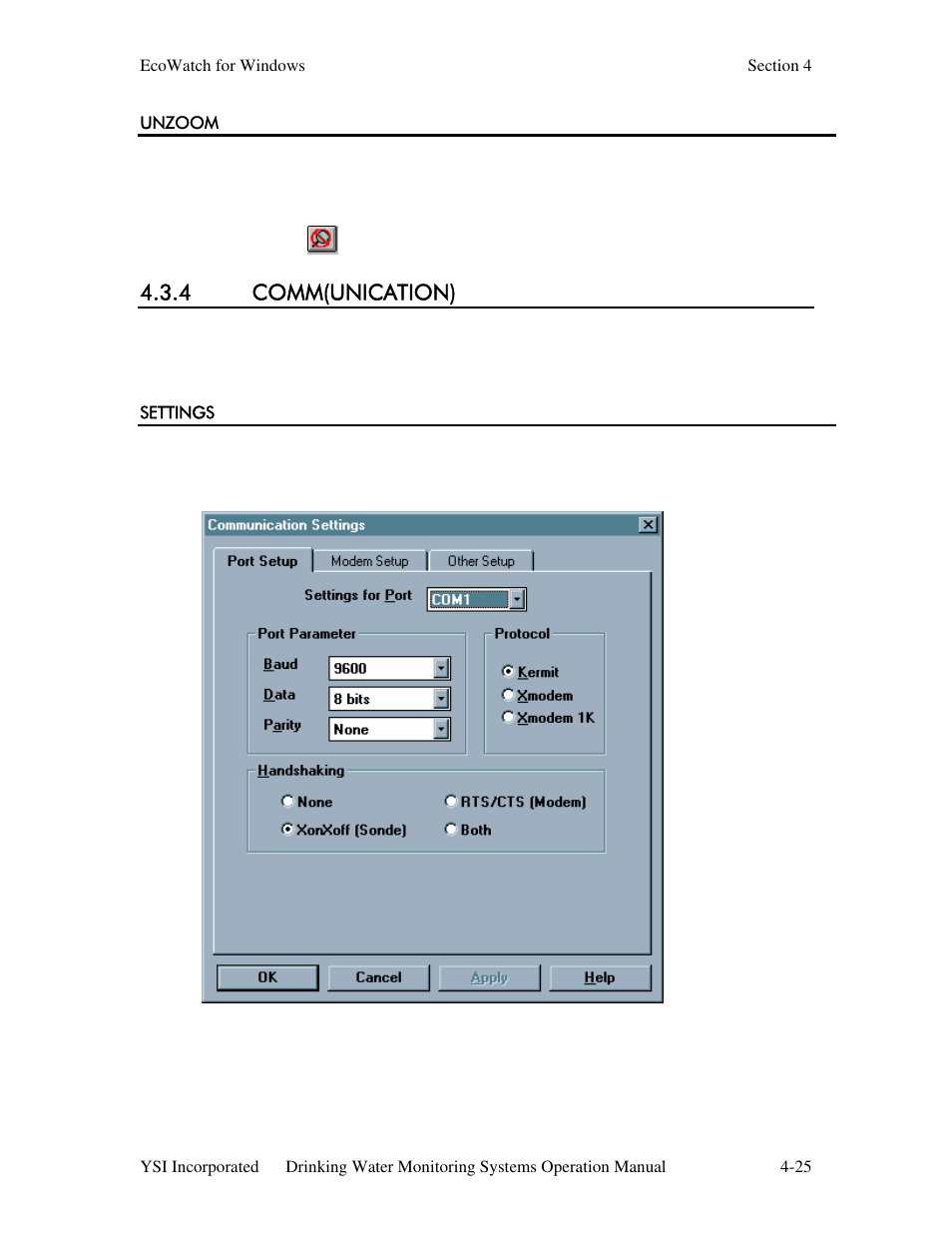 Unzoom, 4 comm(unication), Settings | YSI 600DW-B Sonde User Manual | Page 196 / 300