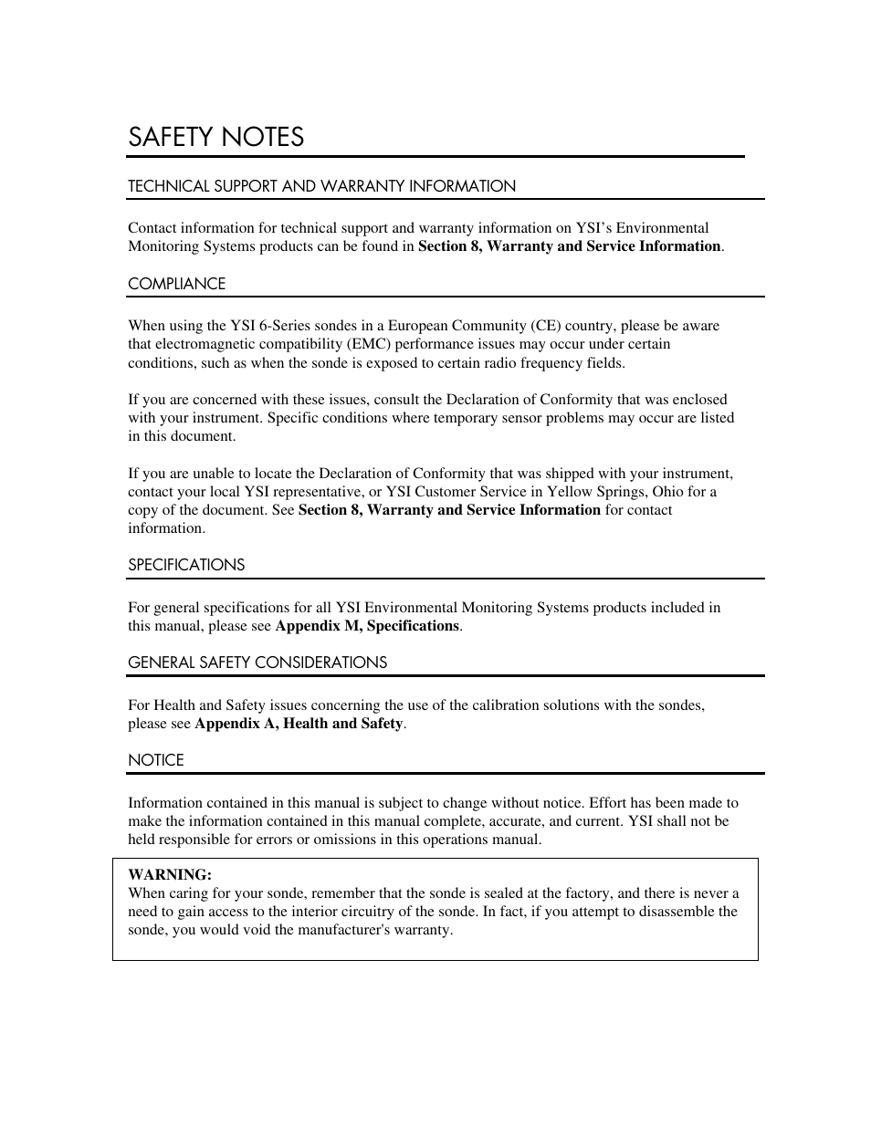 Safety notes, Technical support and warranty information, Compliance | Specifications, General safety considerations, Notice | YSI 600DW-B Sonde User Manual | Page 2 / 300