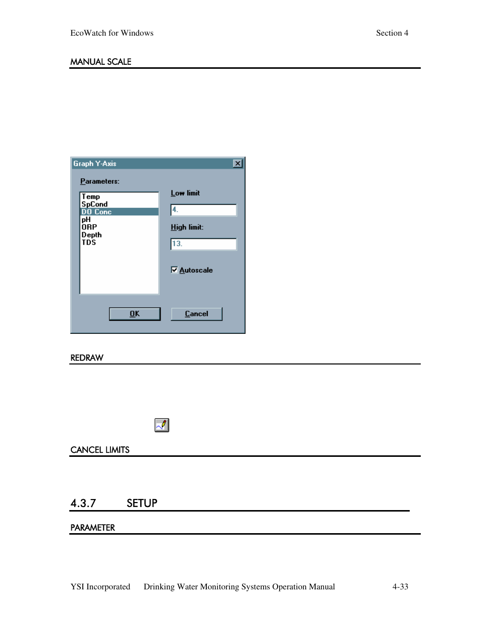 Manual scale, Redraw, Cancel limits | 7 setup, Parameter | YSI 600DW-B Sonde User Manual | Page 204 / 300