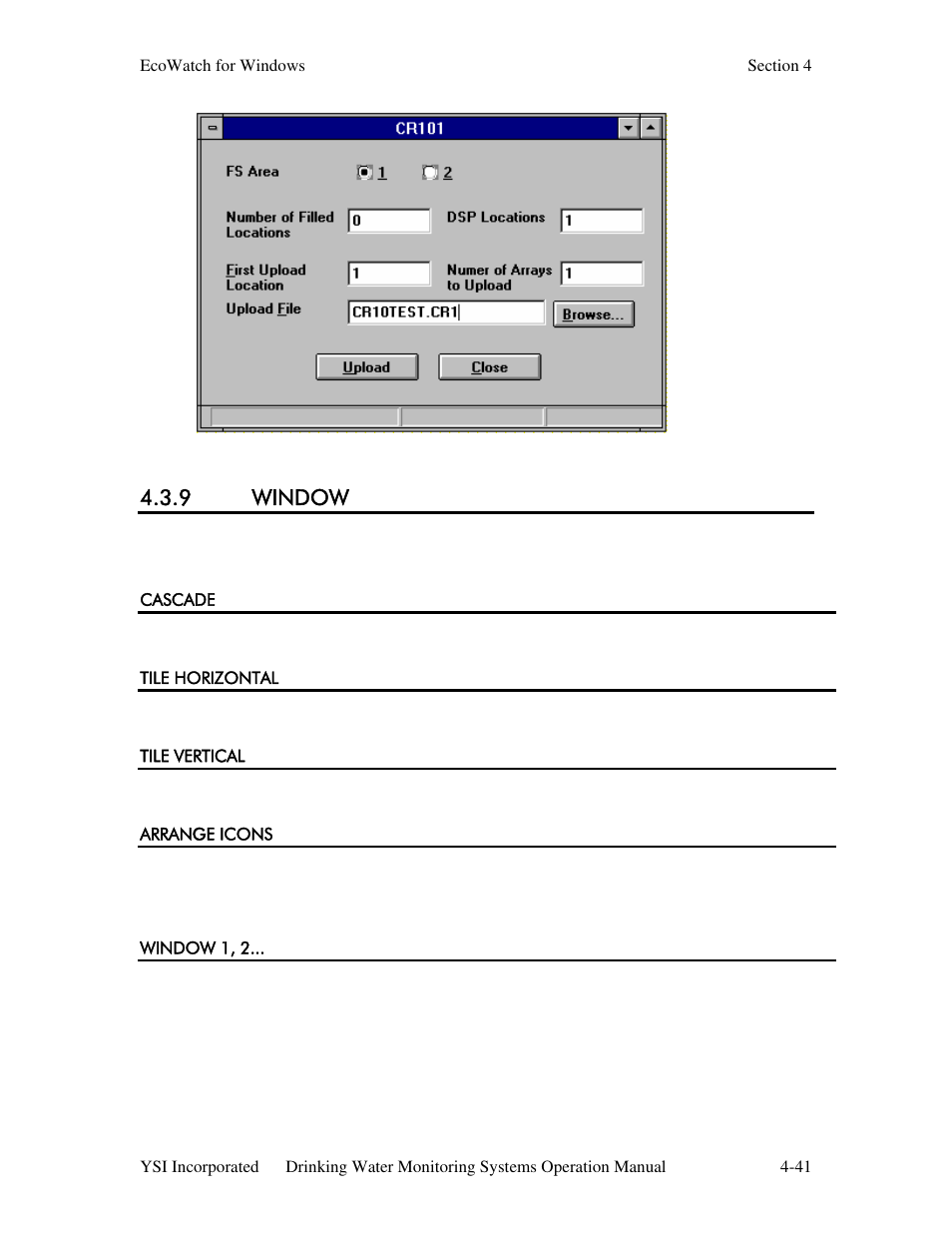 9 window, Cascade, Tile horizontal | Tile vertical, Arrange icons, Window 1, 2 | YSI 600DW-B Sonde User Manual | Page 212 / 300