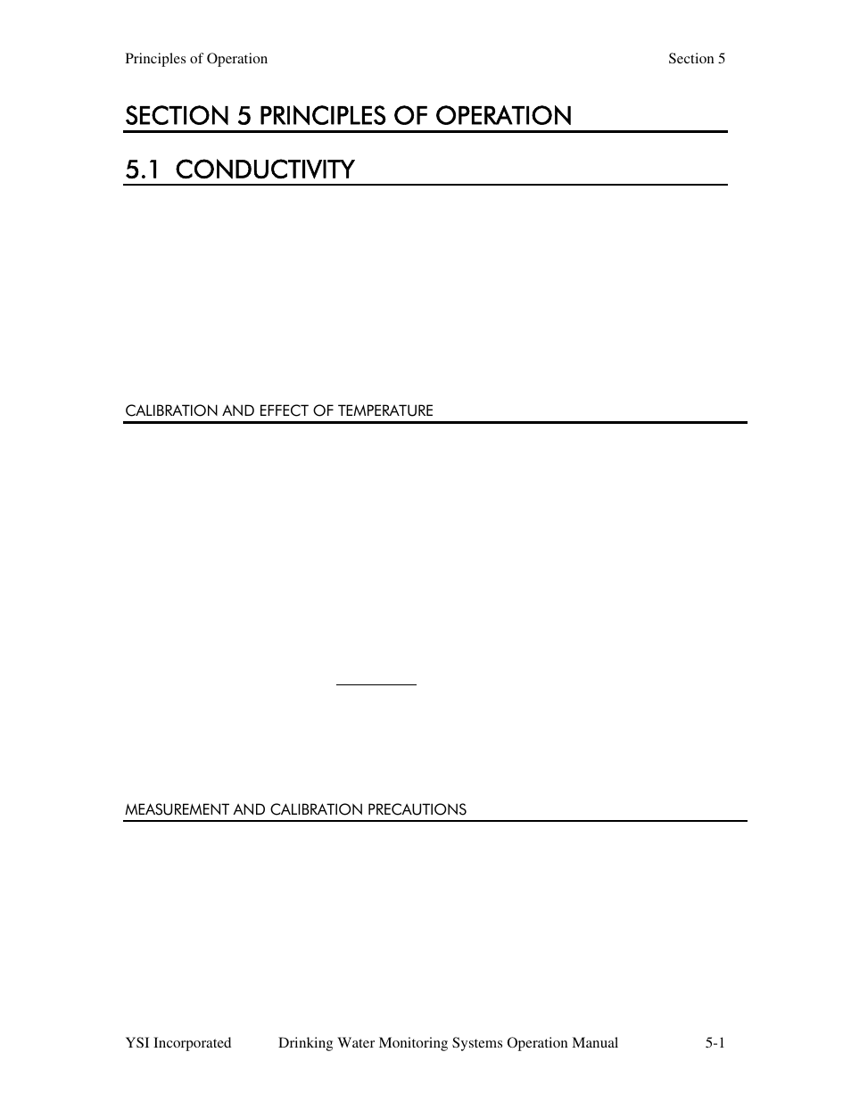 Section 5 principles of operation, 1 conductivity, Calibration and effect of temperature | Measurement and calibration precautions | YSI 600DW-B Sonde User Manual | Page 214 / 300