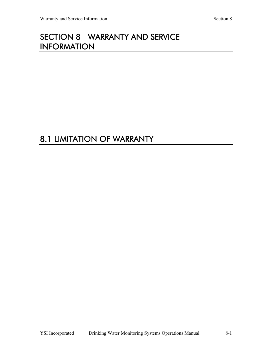 Section 8 warranty and service information, 1 limitation of warranty | YSI 600DW-B Sonde User Manual | Page 248 / 300