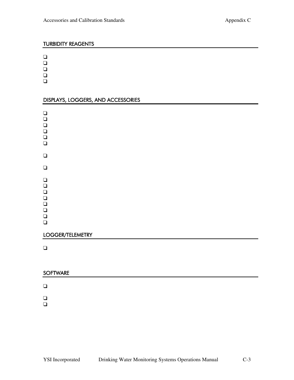 Turbidity reagents, Displays, loggers, and accessories, Logger/telemetry | Software | YSI 600DW-B Sonde User Manual | Page 262 / 300