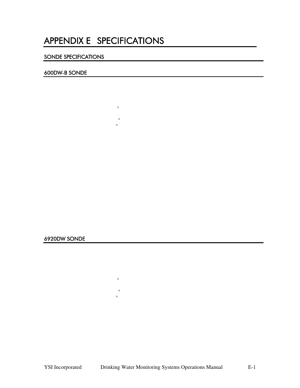 Appendix e specifications, Sonde specifications, 600dw-b sonde | 6920dw sonde | YSI 600DW-B Sonde User Manual | Page 265 / 300
