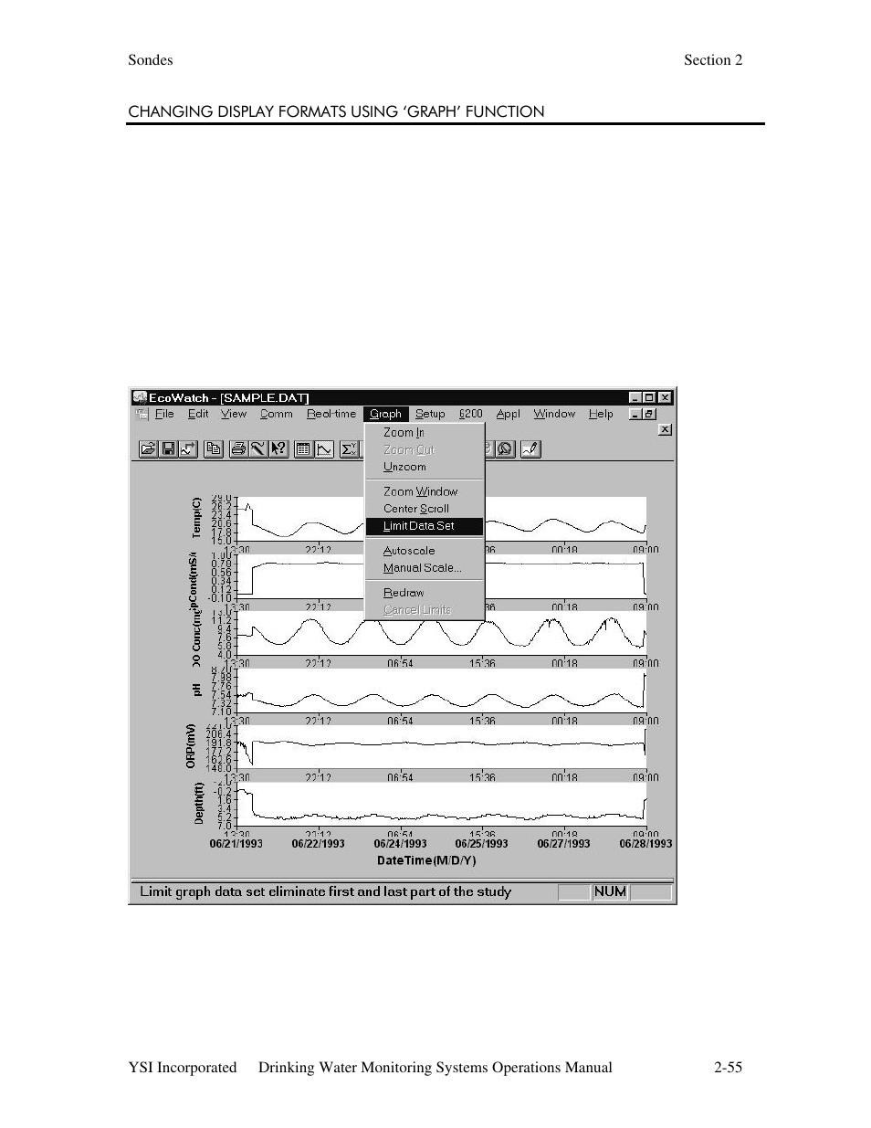 Changing display formats using ‘graph’ function | YSI 600DW-B Sonde User Manual | Page 62 / 300