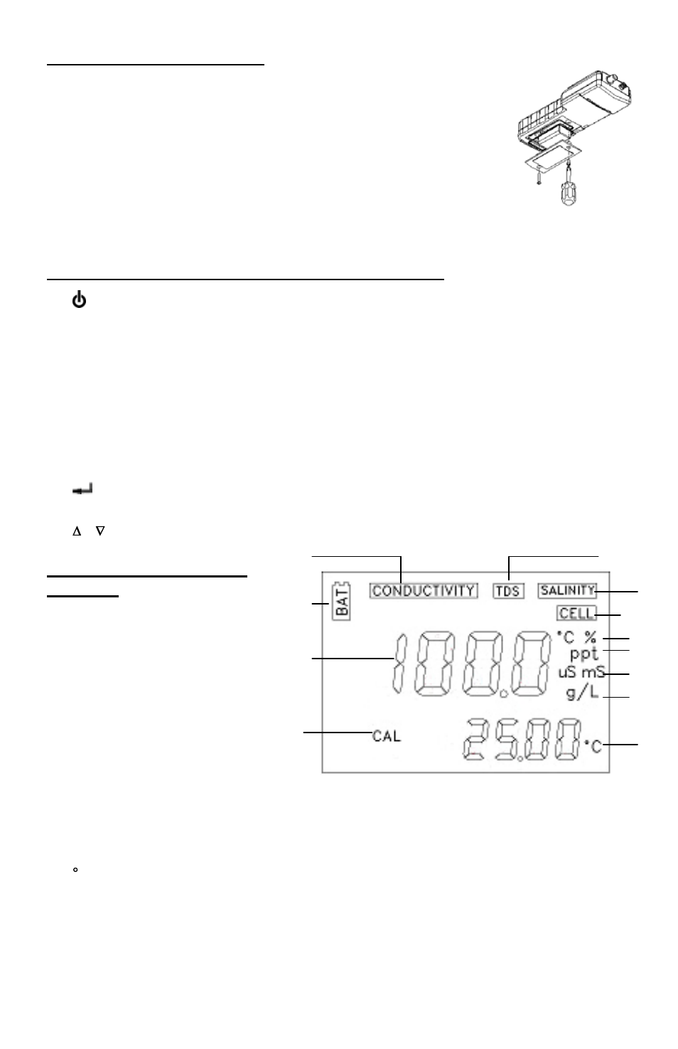 Instalación de la pila, Funciones principales del modelo ec300, Pantalla de cristal líquido | YSI EC300 User Manual | Page 20 / 40