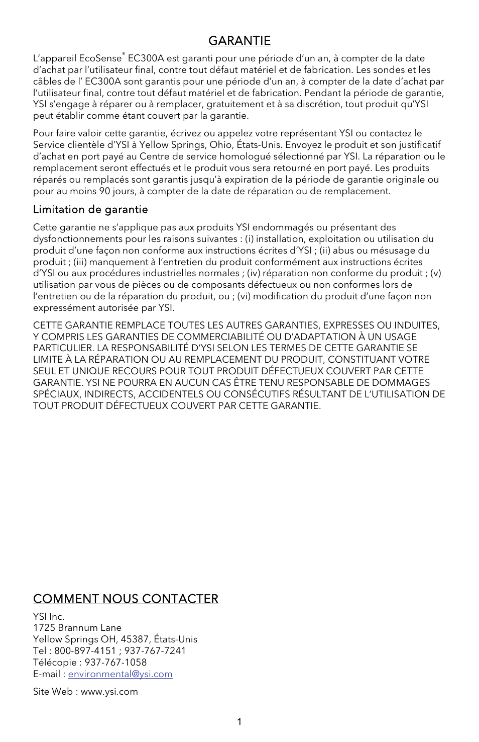 Garantie, Comment nous contacter | YSI EC300A User Manual | Page 11 / 40