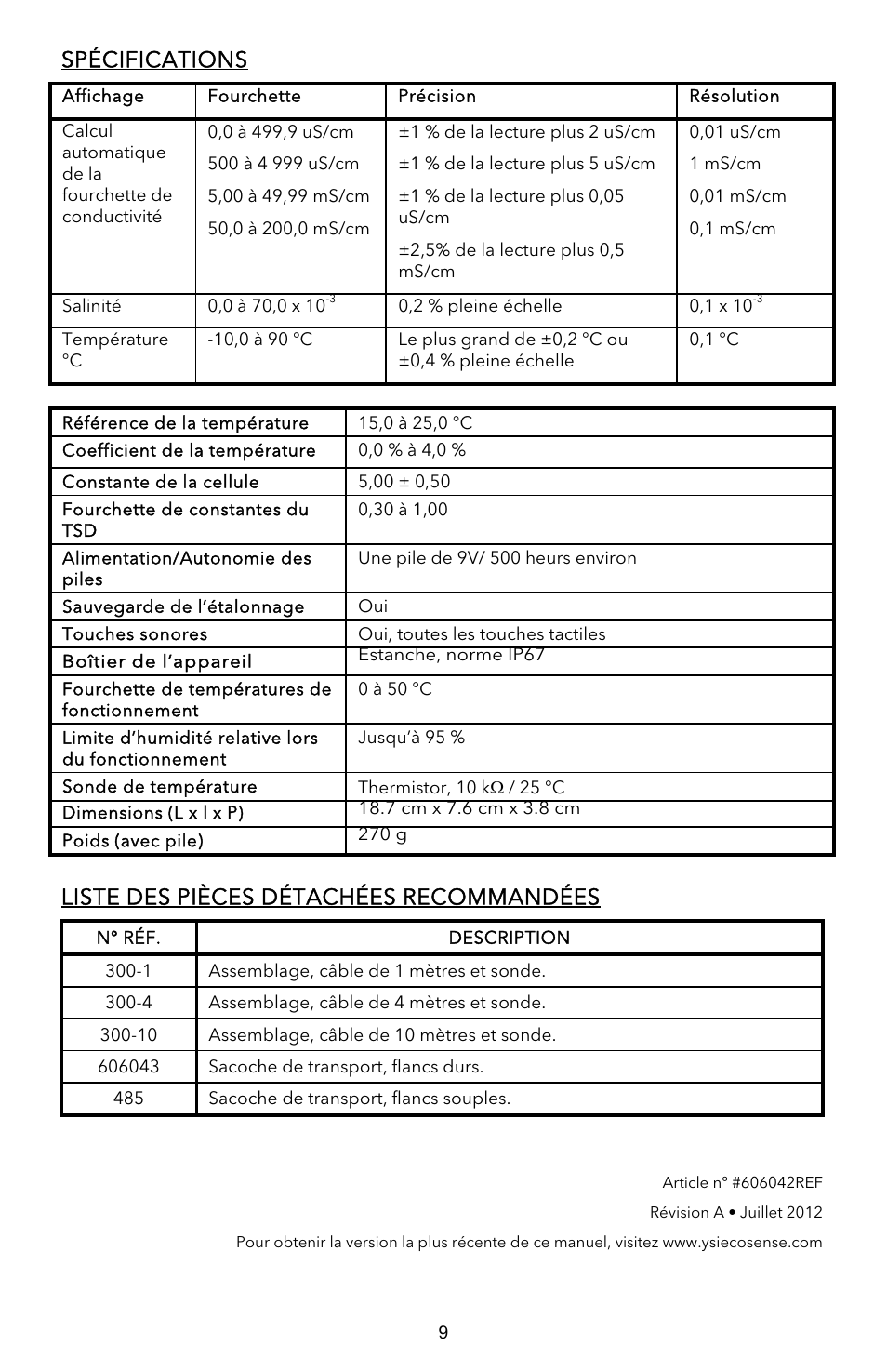Spécifications, Liste des pièces détachées recommandées | YSI EC300A User Manual | Page 19 / 40