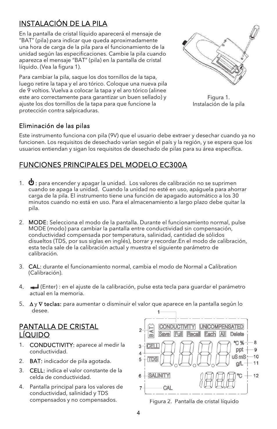 Instalación de la pila, Funciones principales del modelo ec300a, Pantalla de cristal líquido | YSI EC300A User Manual | Page 23 / 40