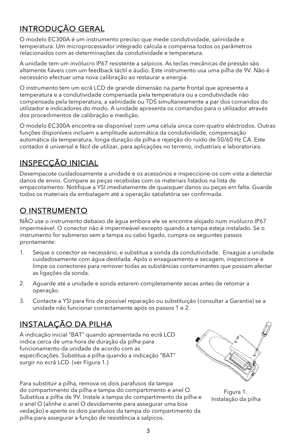 Introdução geral, Inspecção inicial, O instrumento | Instalação da pilha | YSI EC300A User Manual | Page 31 / 40