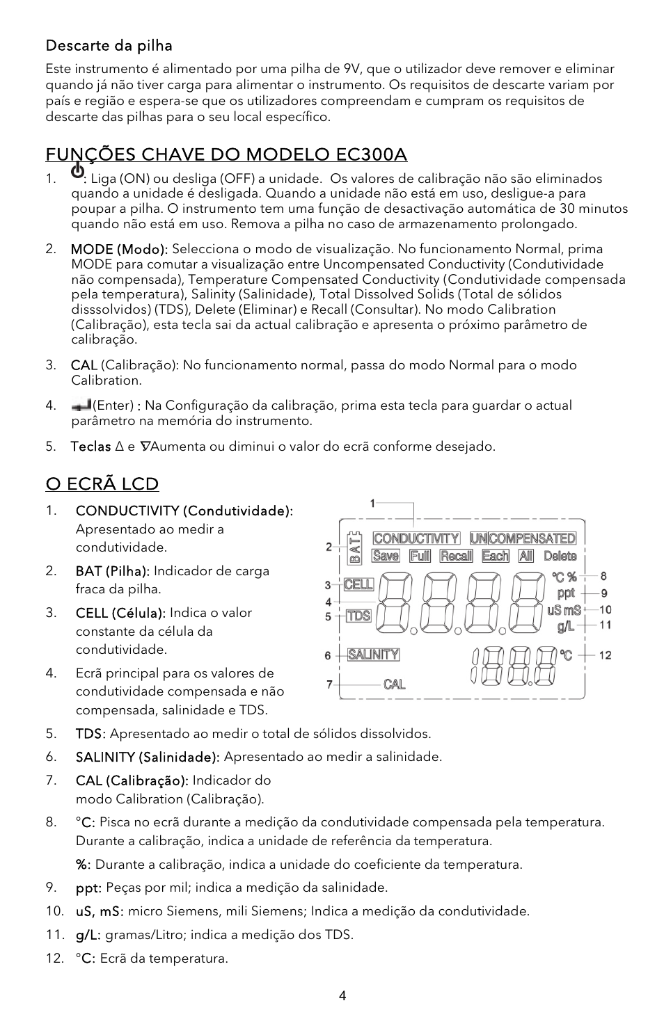 Funções chave do modelo ec300a, O ecrã lcd | YSI EC300A User Manual | Page 32 / 40