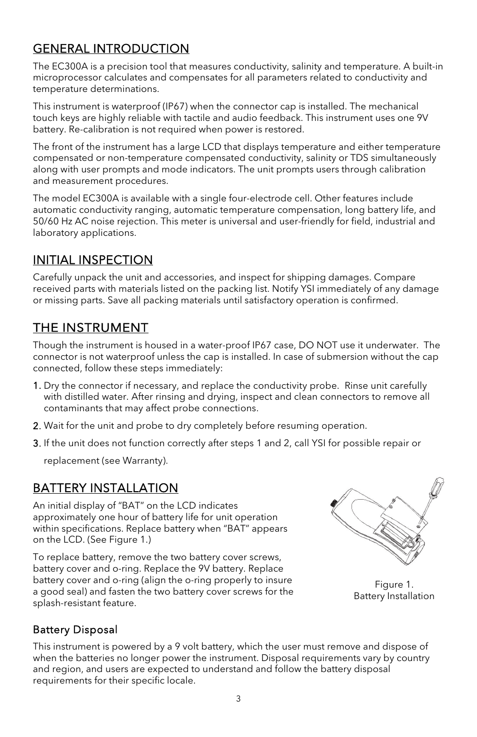 General introduction, Initial inspection, The instrument | Battery installation | YSI EC300A User Manual | Page 5 / 40