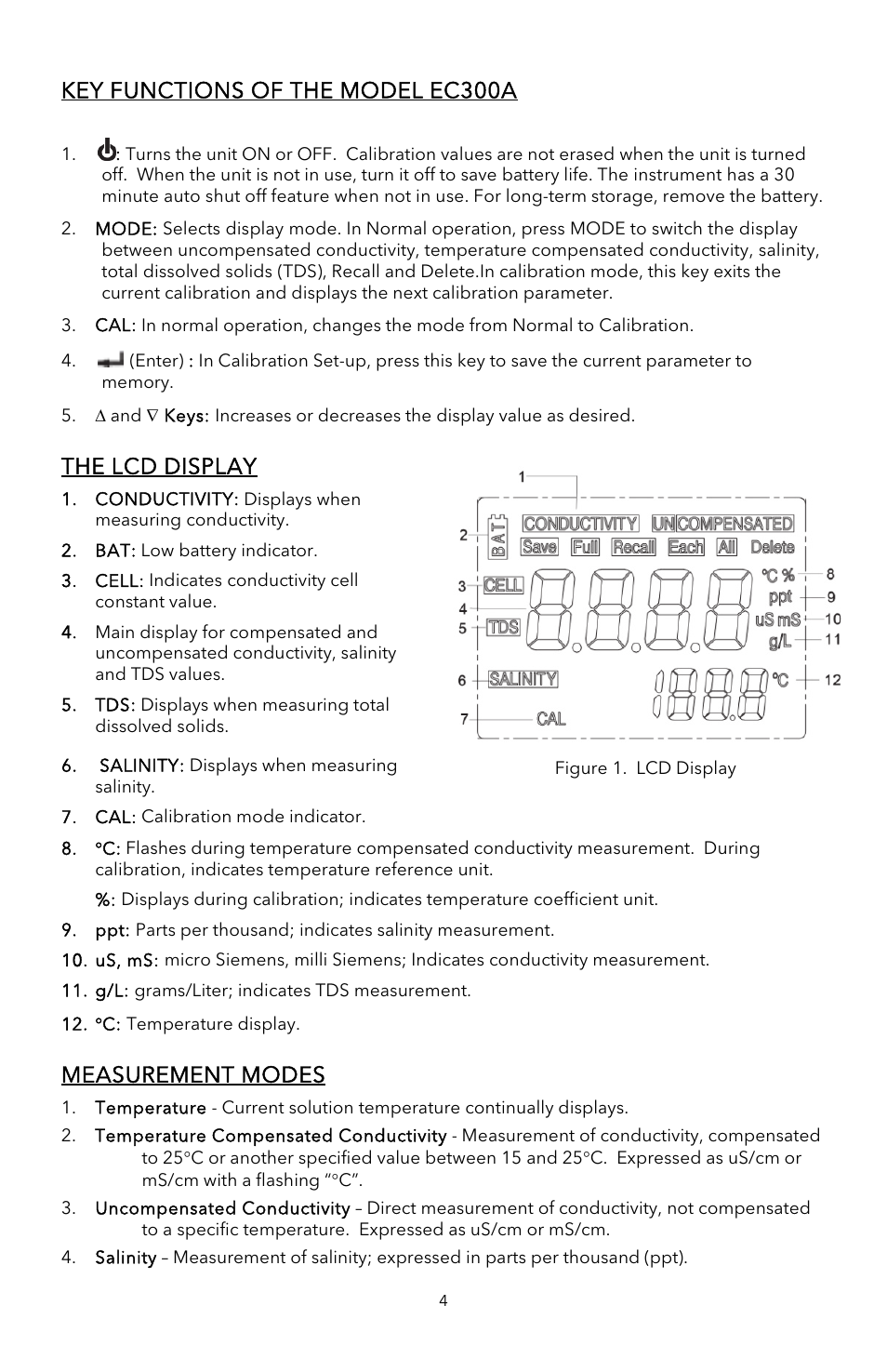 Key functions of the model ec300a, The lcd display, Measurement modes | YSI EC300A User Manual | Page 6 / 40