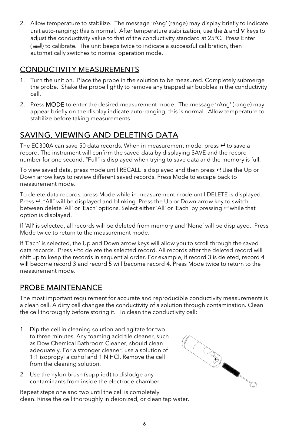 Conductivity measurements, Saving, viewing and deleting data, Probe maintenance | YSI EC300A User Manual | Page 8 / 40