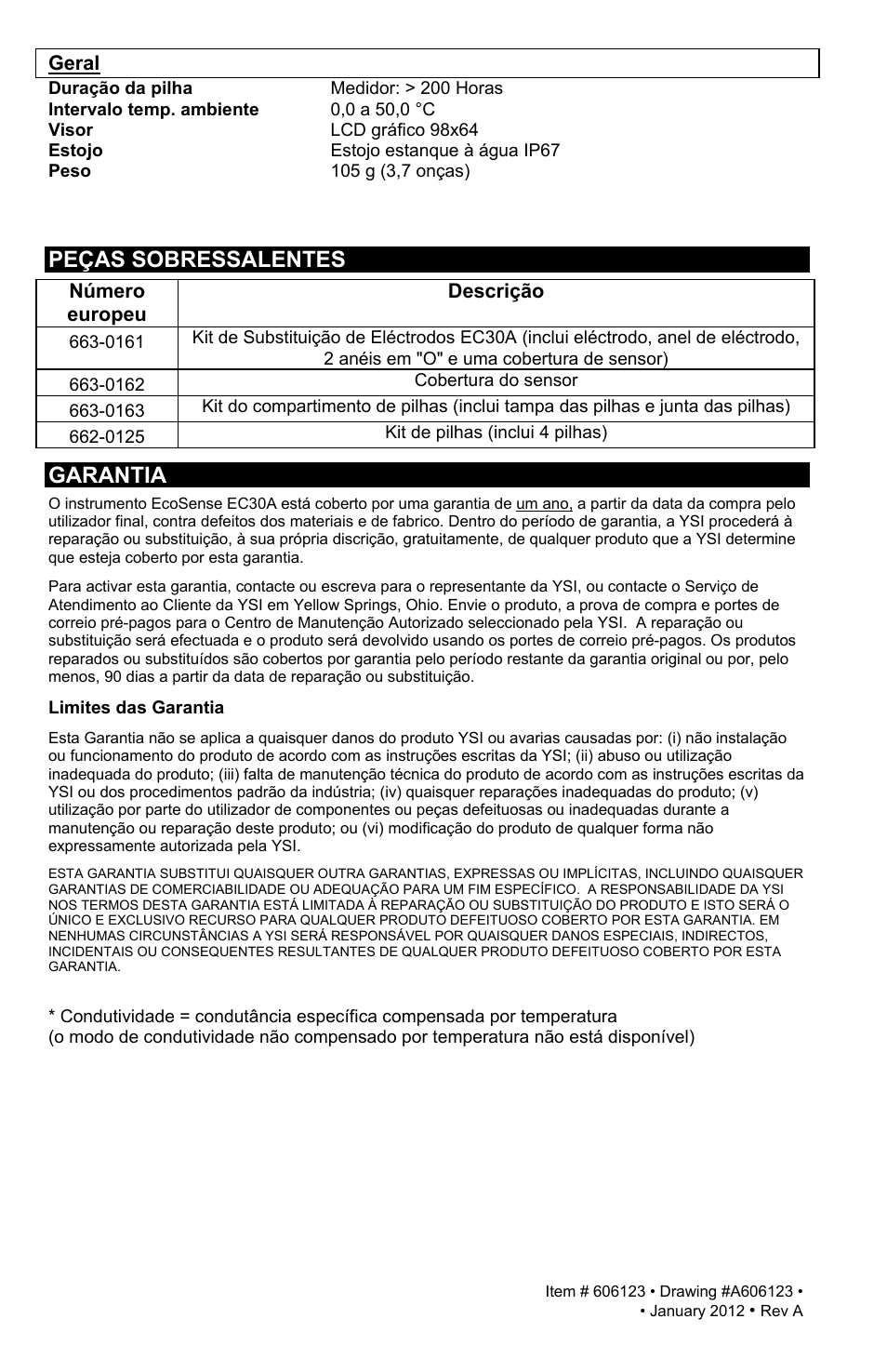 Peças sobressalentes, Garantia | YSI EC30A User Manual | Page 12 / 12