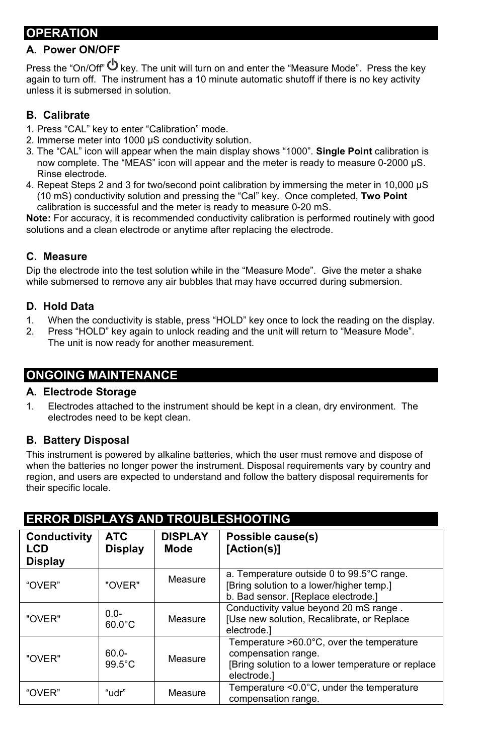 Operation, Ongoing maintenance, Error displays and troubleshooting | YSI EC30A User Manual | Page 2 / 12