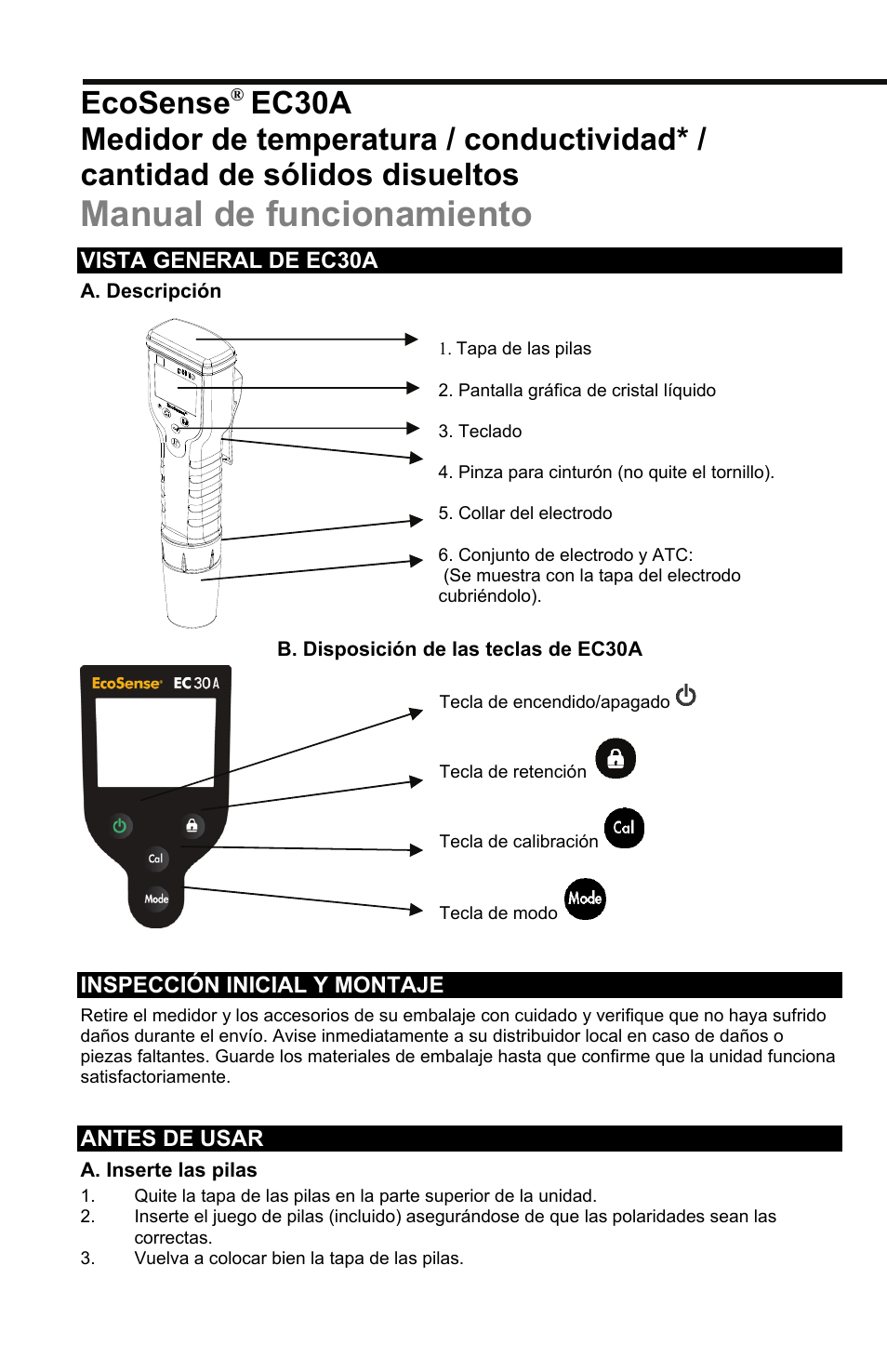 Manual de funcionamiento, Ecosense, Ec30a | YSI EC30A User Manual | Page 5 / 12