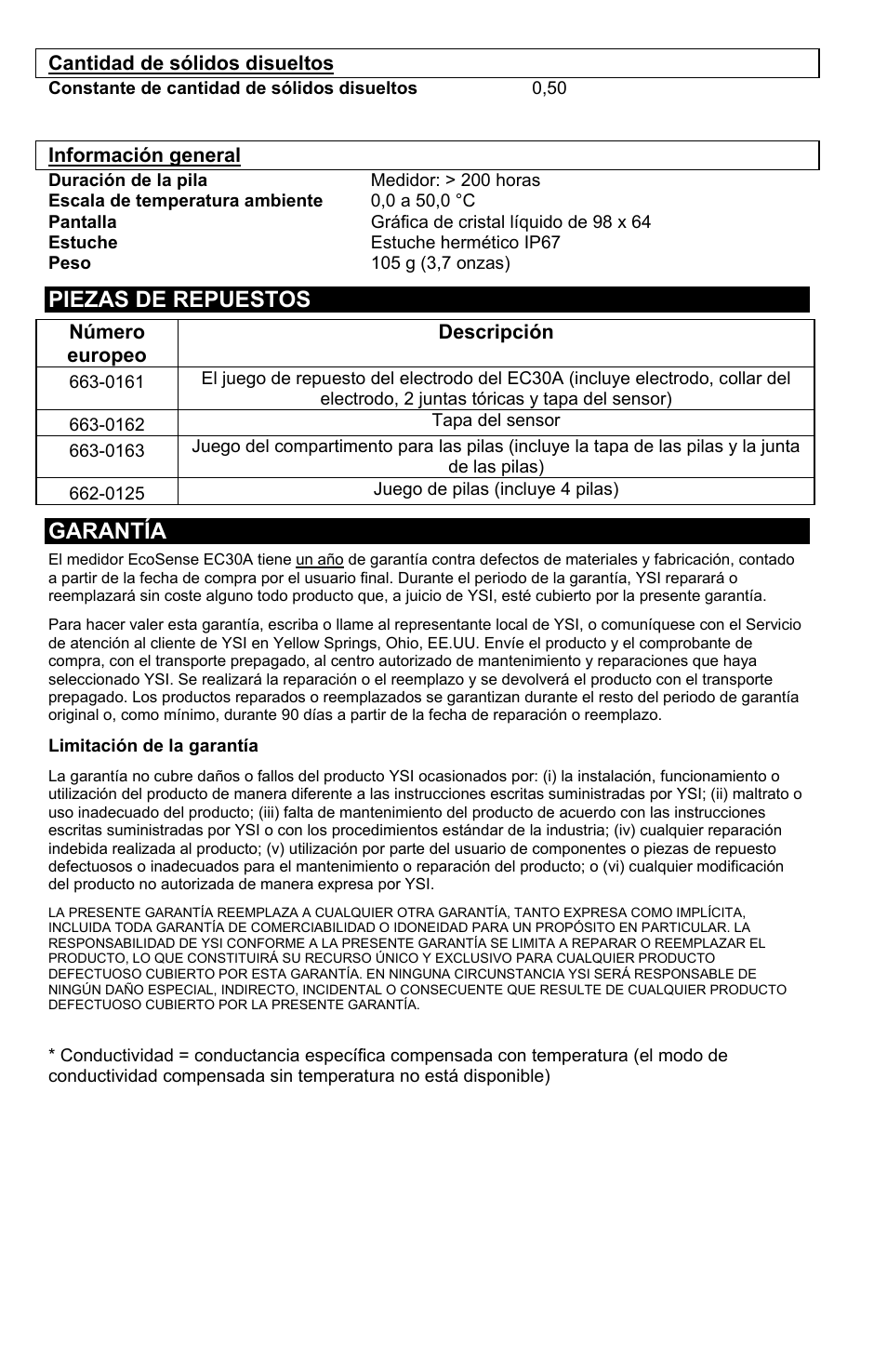 Piezas de repuestos, Garantía | YSI EC30A User Manual | Page 8 / 12