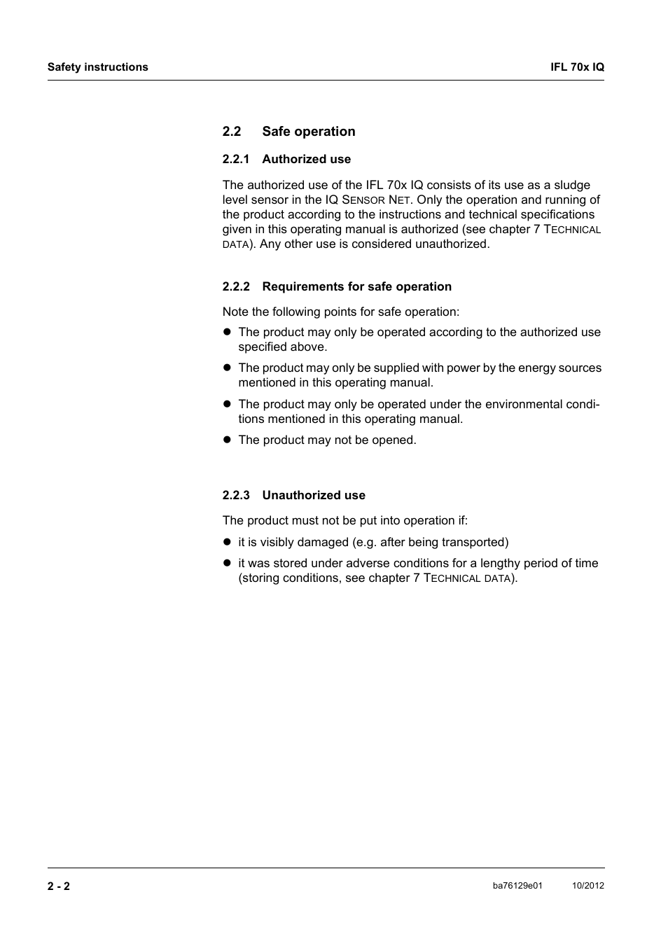 2 safe operation, 1 authorized use, 2 requirements for safe operation | 3 unauthorized use, Safe operation -2 2.2.1, Authorized use -2, Requirements for safe operation -2, Unauthorized use -2 | YSI IFL 700 IQ User Manual | Page 10 / 46