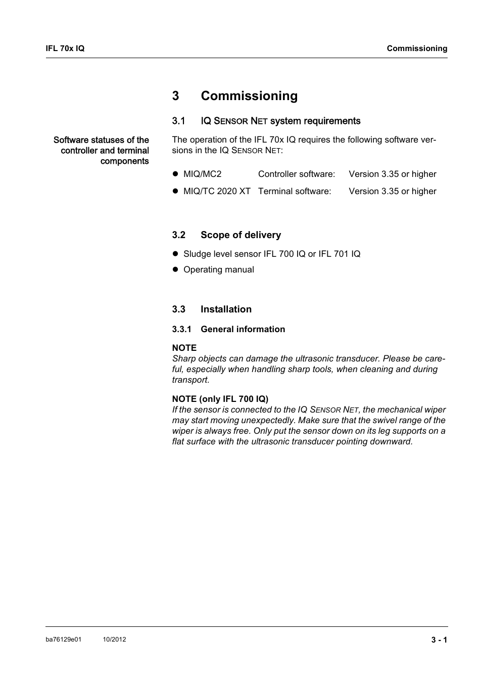 3 commissioning, 1 iq sensor net system requirements, 2 scope of delivery | 3 installation, 1 general information, Commissioning -1, Scope of delivery -1, Installation -1 3.3.1, General information -1, 3commissioning | YSI IFL 700 IQ User Manual | Page 11 / 46