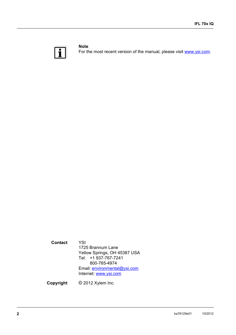 YSI IFL 700 IQ User Manual | Page 2 / 46