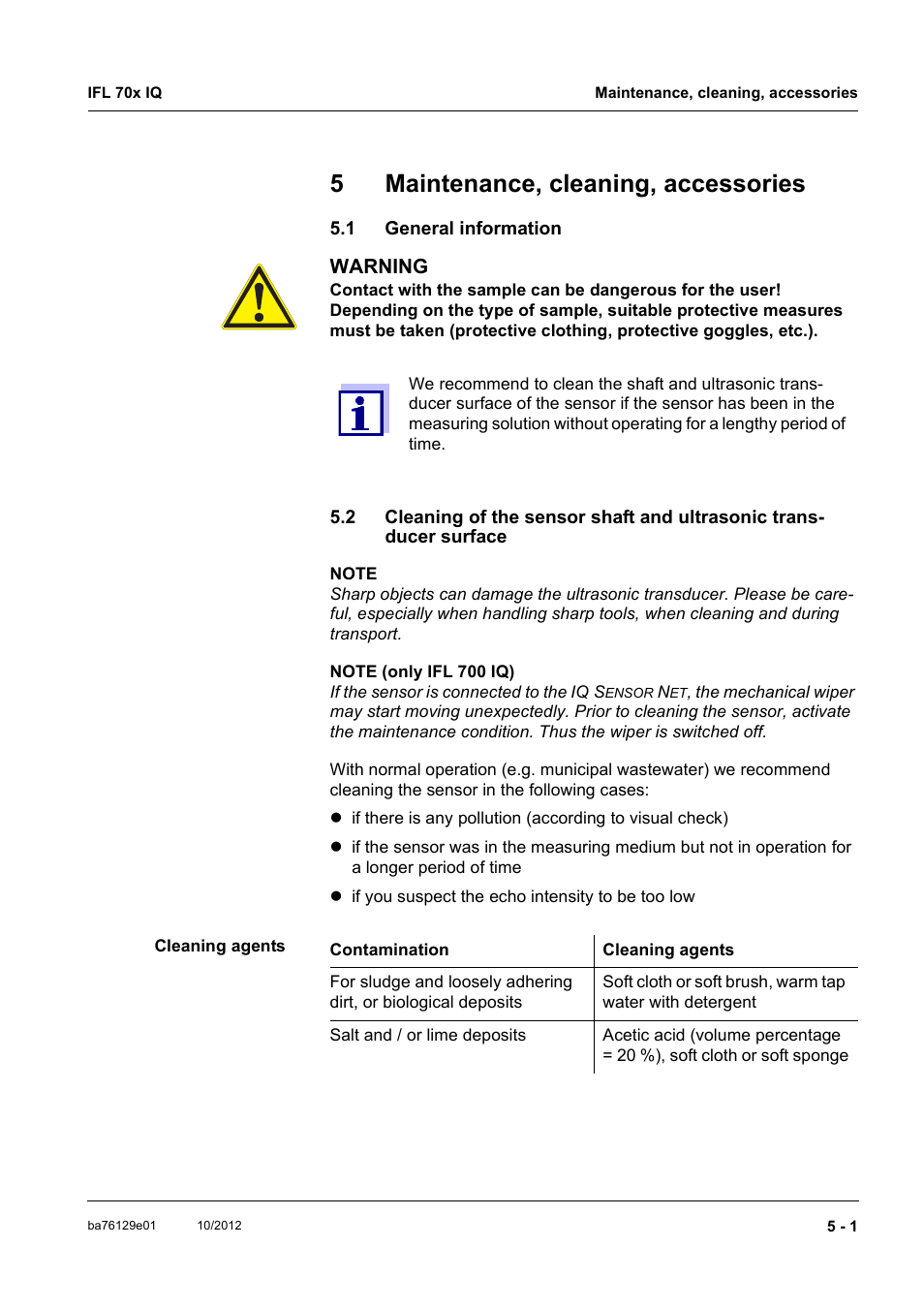 5 maintenance, cleaning, accessories, 1 general information, Maintenance, cleaning, accessories -1 | General information -1, 5maintenance, cleaning, accessories | YSI IFL 700 IQ User Manual | Page 27 / 46