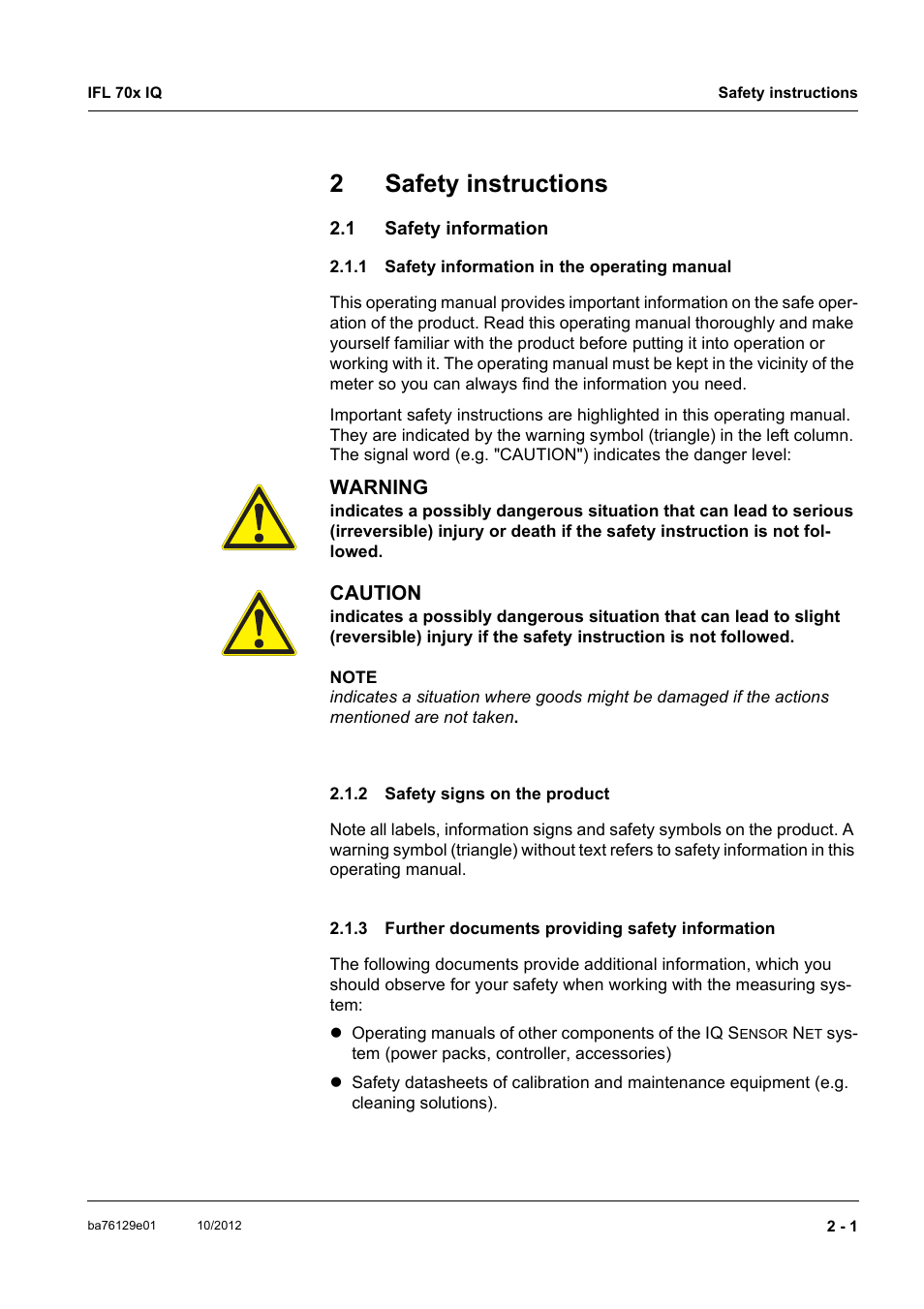 2 safety instructions, 1 safety information, 1 safety information in the operating manual | 2 safety signs on the product, 3 further documents providing safety information, Safety instructions -1, Safety information -1 2.1.1, Safety information in the operating manual -1, Safety signs on the product -1, Further documents providing safety information 2-1 | YSI IFL 700 IQ User Manual | Page 9 / 46