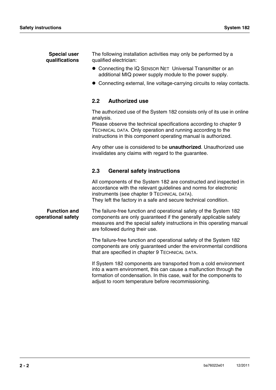 2 authorized use, 3 general safety instructions, Authorized use -2 | General safety instructions -2 | YSI IQ S ENSOR N ET System 182 User Manual | Page 12 / 152