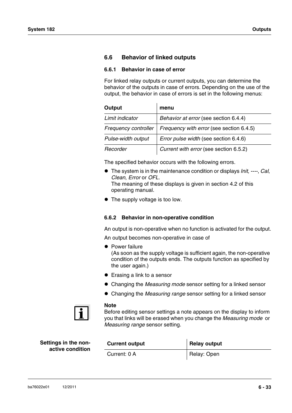 6 behavior of linked outputs, 1 behavior in case of error, 2 behavior in non-operative condition | Behavior of linked outputs -33 6.6.1, Behavior in case of error -33, Behavior in non-operative condition -33 | YSI IQ S ENSOR N ET System 182 User Manual | Page 123 / 152