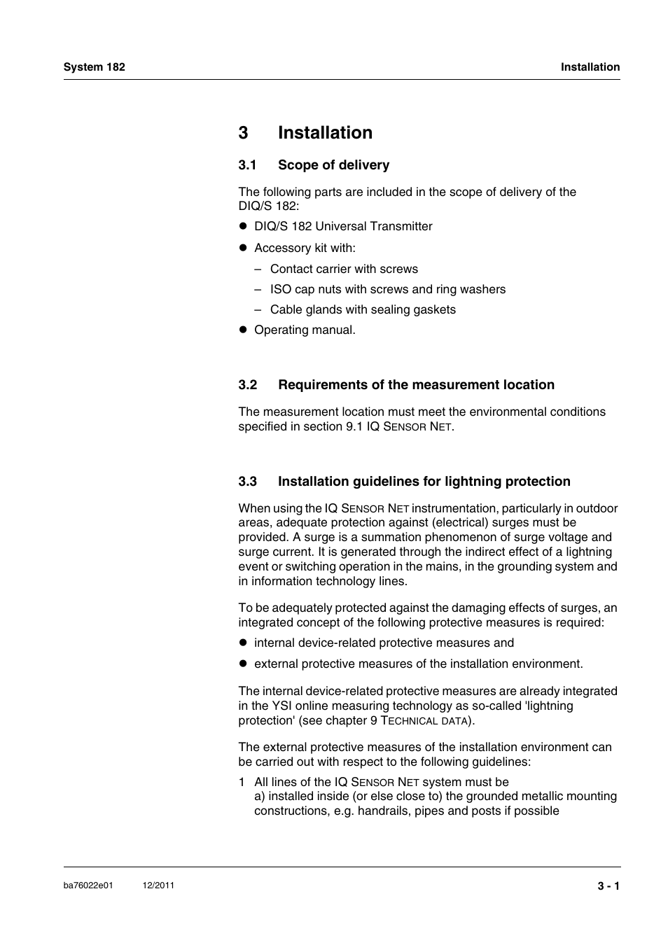 3 installation, 1 scope of delivery, 2 requirements of the measurement location | 3 installation guidelines for lightning protection, Installation -1, Scope of delivery -1, Requirements of the measurement location -1, 3installation | YSI IQ S ENSOR N ET System 182 User Manual | Page 15 / 152