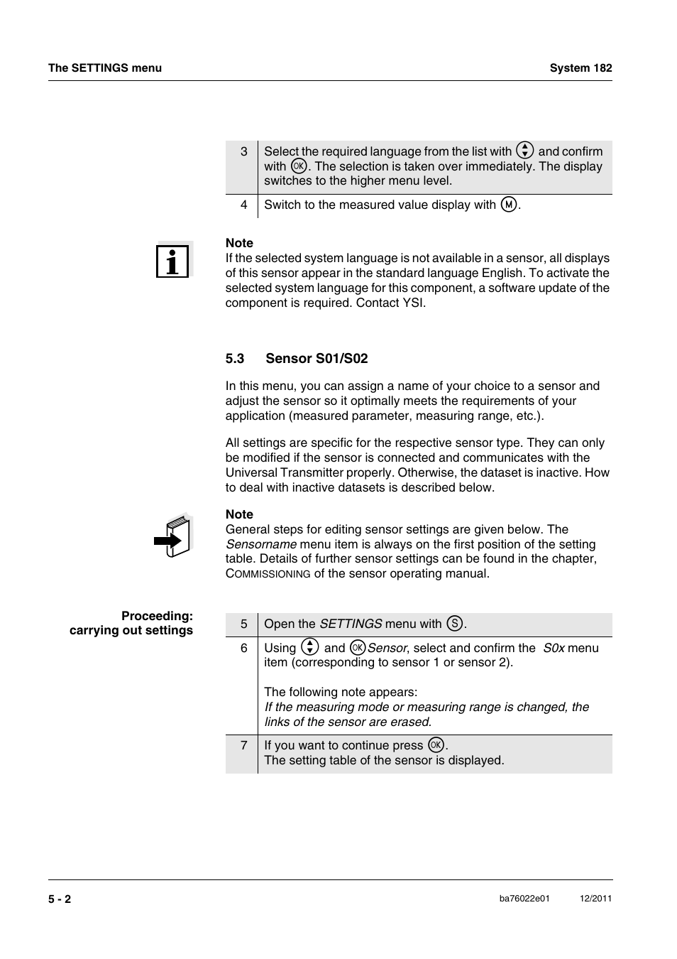 3 sensor s01/s02, Sensor s01/s02 -2, Section 5.3 | YSI IQ S ENSOR N ET System 182 User Manual | Page 86 / 152