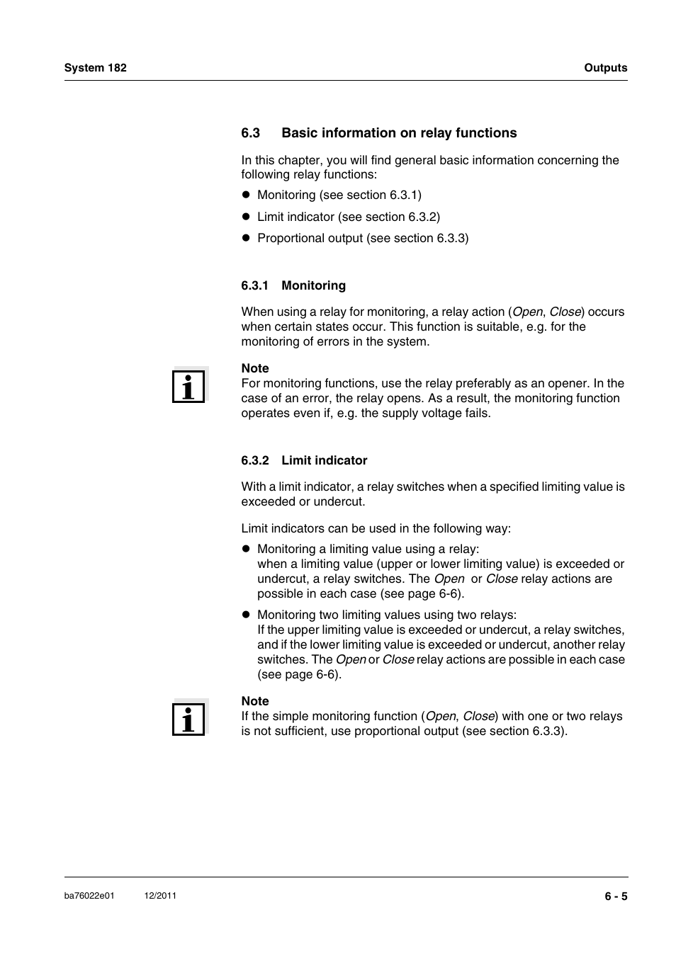 3 basic information on relay functions, 1 monitoring, 2 limit indicator | Basic information on relay functions -5 6.3.1, Monitoring -5, Limit indicator -5 | YSI IQ S ENSOR N ET System 182 User Manual | Page 95 / 152