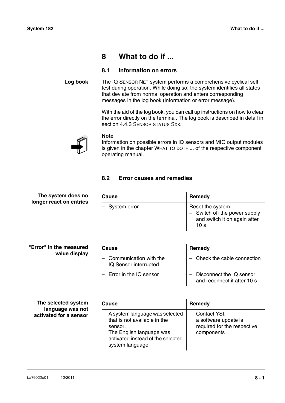 8 what to do if, 1 information on errors, 2 error causes and remedies | What to do if -1, Information on errors -1, Error causes and remedies -1, Chapter 8 w, 8what to do if | YSI IQ S ENSOR N ET DIQ/S 182 XT User Manual | Page 133 / 224