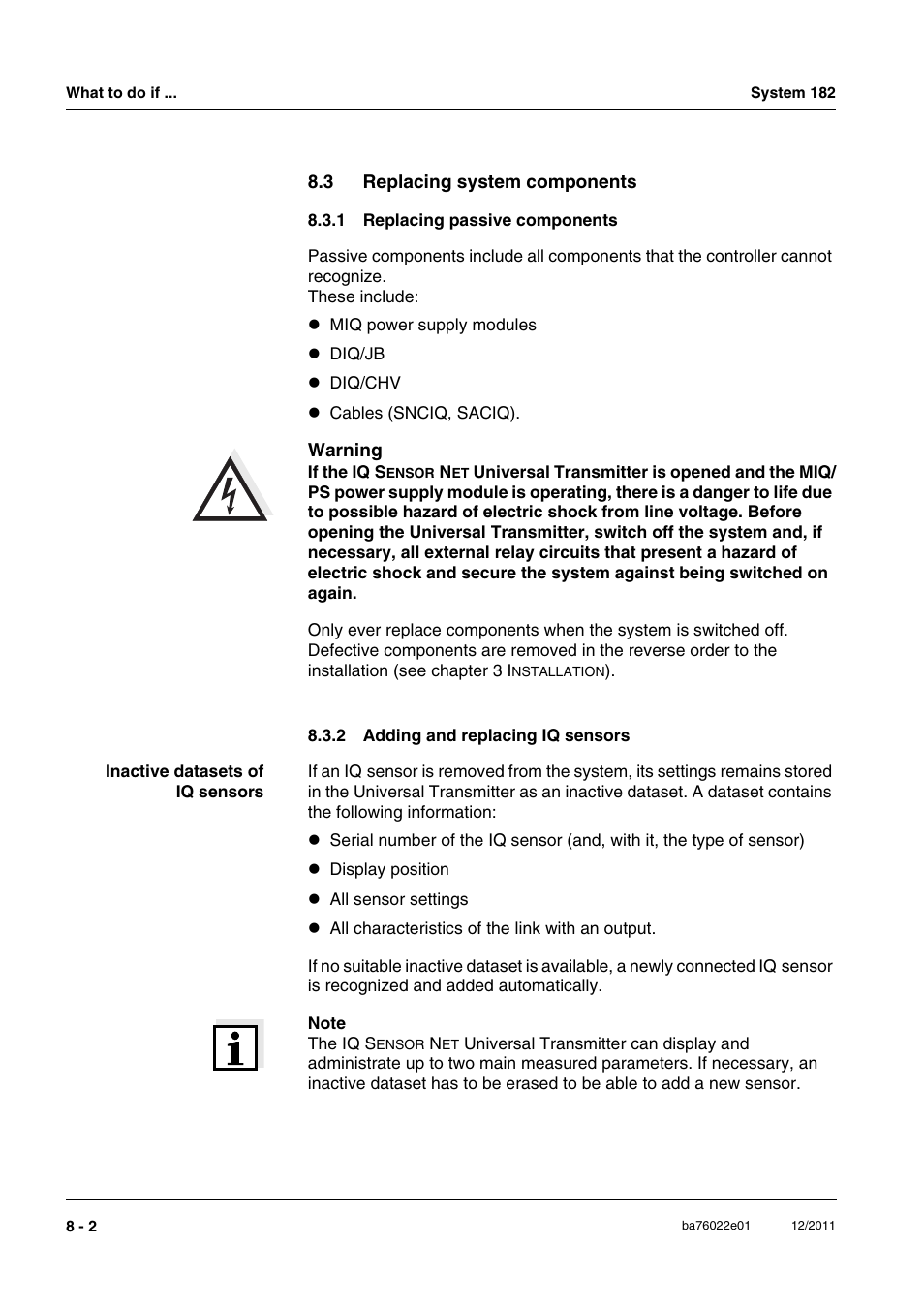 3 replacing system components, 1 replacing passive components, 2 adding and replacing iq sensors | Replacing system components -2 8.3.1, Replacing passive components -2, Adding and replacing iq sensors -2 | YSI IQ S ENSOR N ET DIQ/S 182 XT User Manual | Page 134 / 224