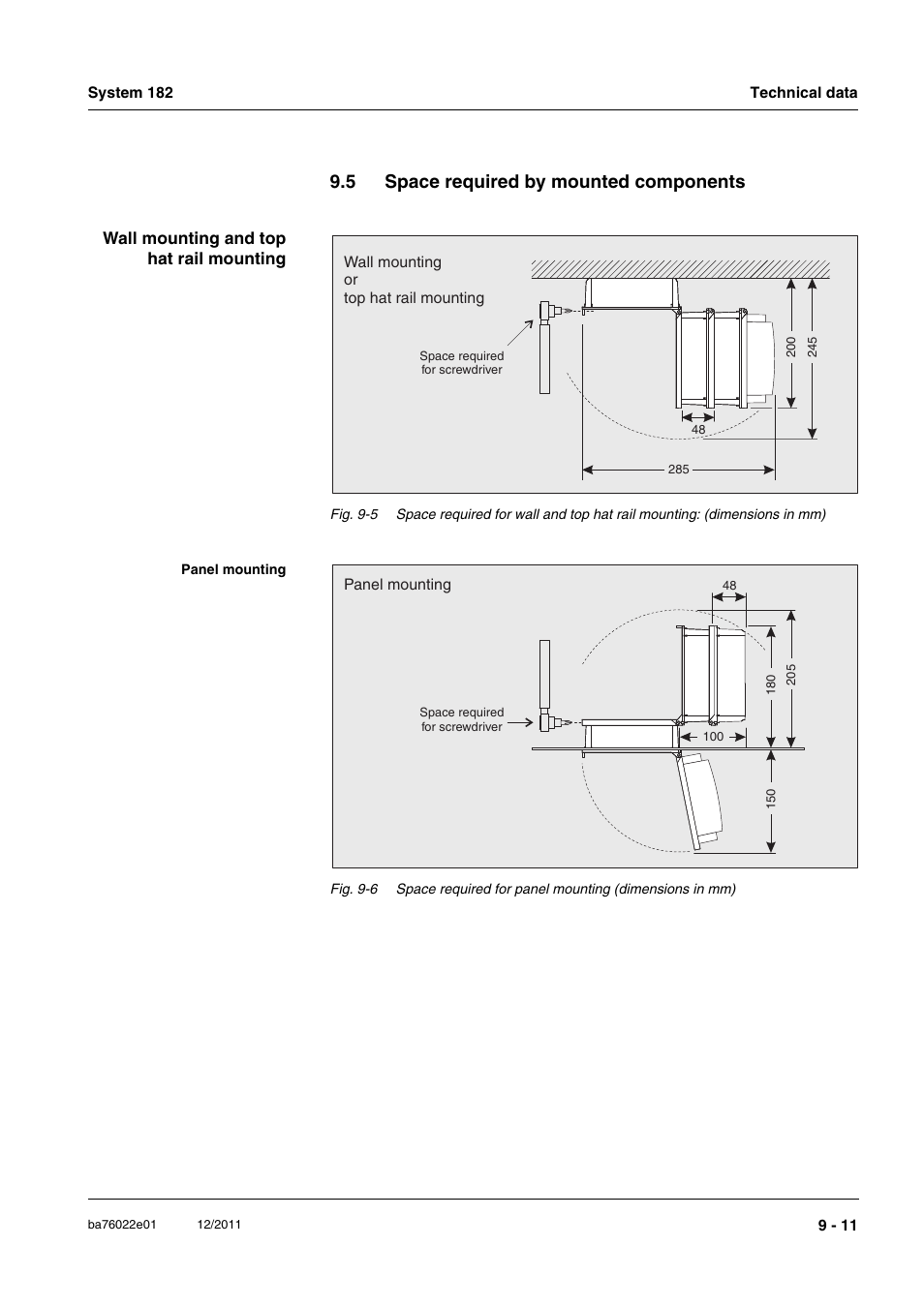 5 space required by mounted components, Space required by mounted components -11, Section 9.5 | Awings in section 9.5 | YSI IQ S ENSOR N ET DIQ/S 182 XT User Manual | Page 147 / 224