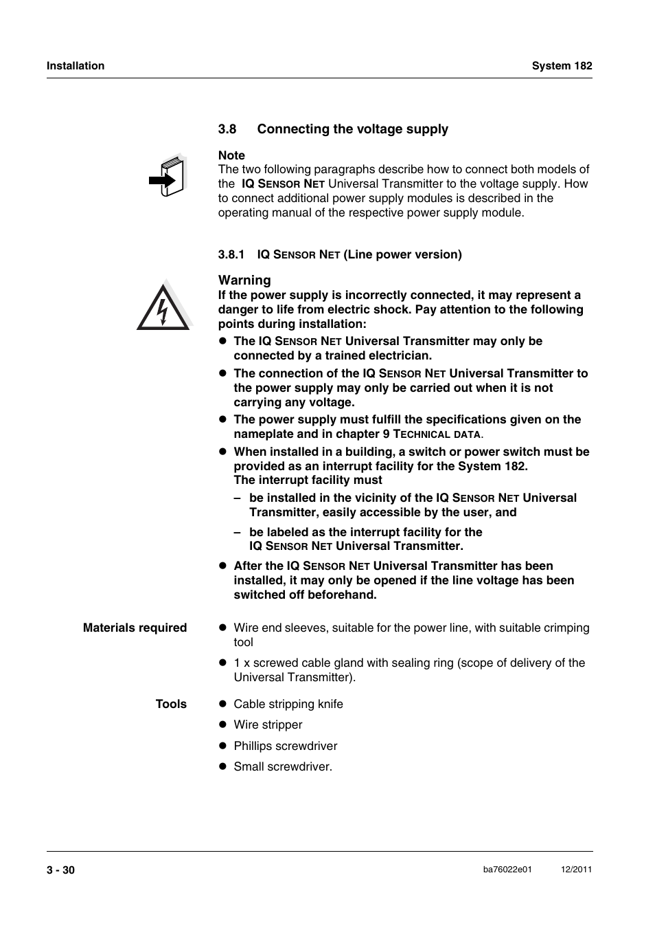 8 connecting the voltage supply, 1 iq sensor net (line power version), Connecting the voltage supply -30 3.8.1 | YSI IQ S ENSOR N ET DIQ/S 182 XT User Manual | Page 50 / 224