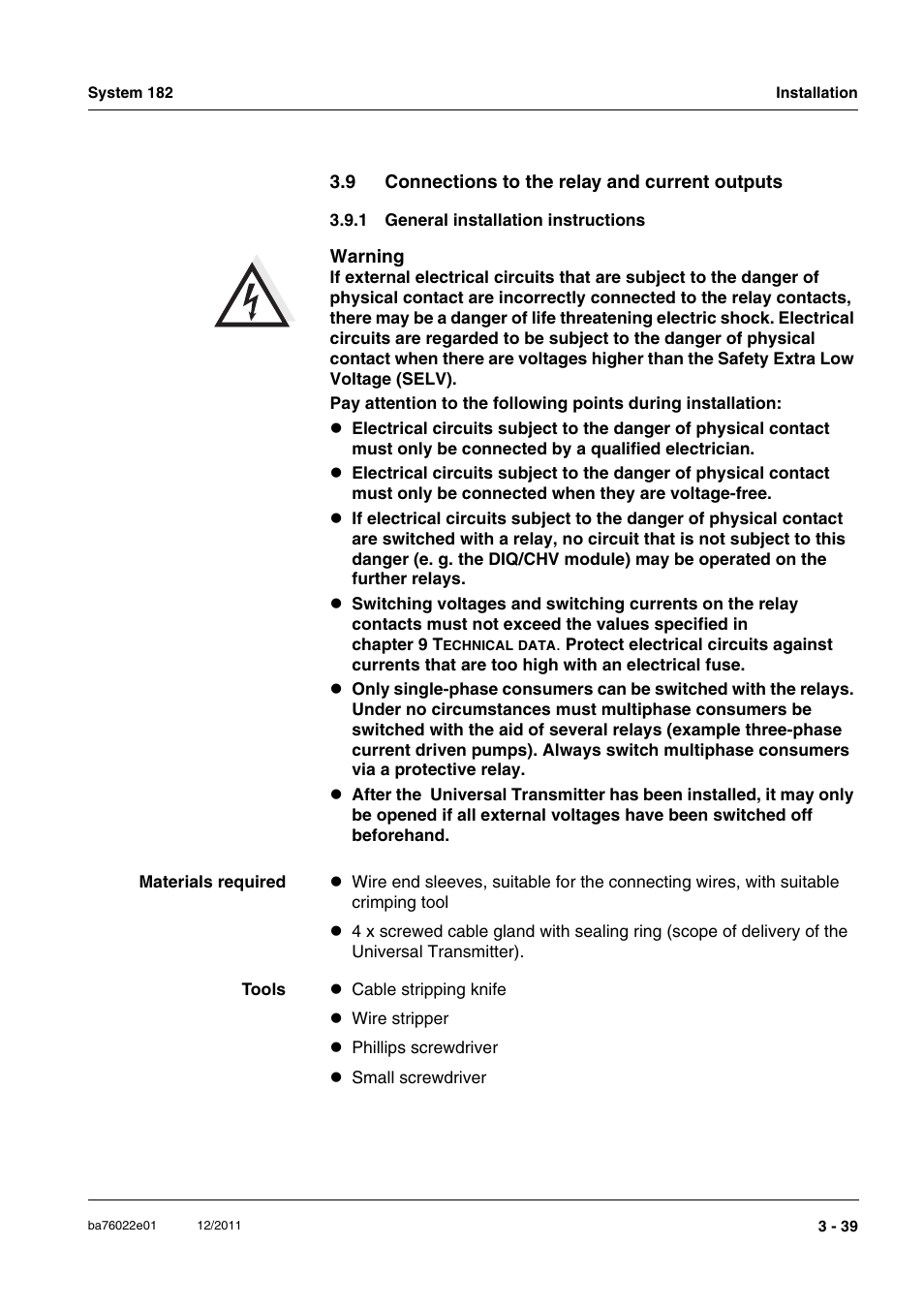 9 connections to the relay and current outputs, 1 general installation instructions, General installation instructions -39 | YSI IQ S ENSOR N ET DIQ/S 182 XT User Manual | Page 59 / 224