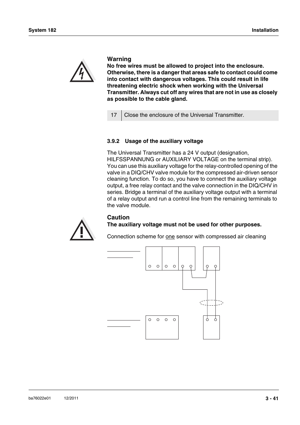 2 usage of the auxiliary voltage, Usage of the auxiliary voltage -41, Warning | Caution, Terminal strip diq/s 182 terminal strip diq/chv, Valve control line | YSI IQ S ENSOR N ET DIQ/S 182 XT User Manual | Page 61 / 224