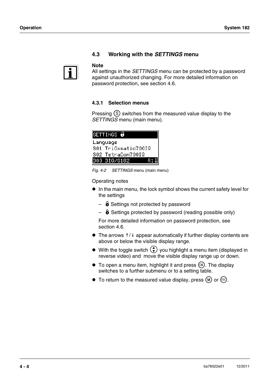 3 working with the settings menu, 1 selection menus, Working with the | Selection menus -4 | YSI IQ S ENSOR N ET DIQ/S 182 XT User Manual | Page 76 / 224