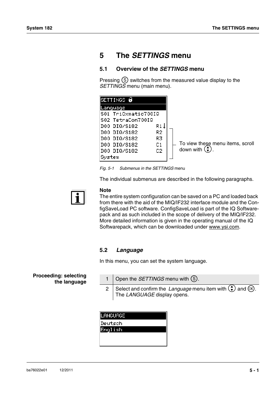 5 the settings menu, 1 overview of the settings menu, 2 language | Overview of the, 5the settings menu | YSI IQ S ENSOR N ET DIQ/S 182 XT User Manual | Page 91 / 224