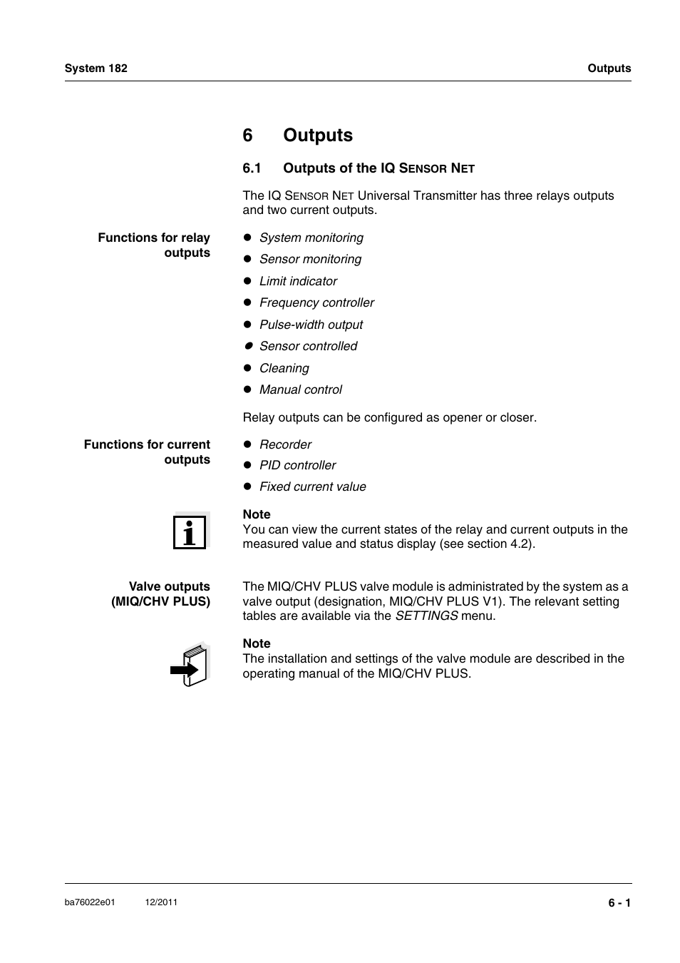 6 outputs, 1 outputs of the iq sensor net, Outputs -1 | Outputs of the iq s, Chapter 6 o, Utputs, 6outputs | YSI IQ S ENSOR N ET DIQ/S 182 XT User Manual | Page 97 / 224