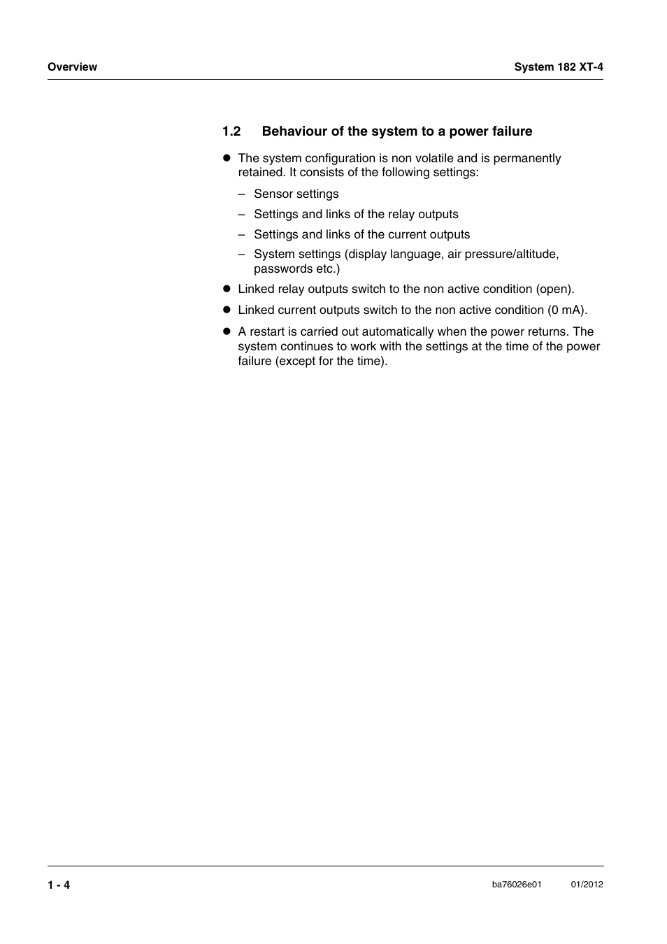 2 behaviour of the system to a power failure, Behaviour of the system to a power failure -4 | YSI DIQ/S 182 XT-4 System 182 XT-4 User Manual | Page 10 / 154