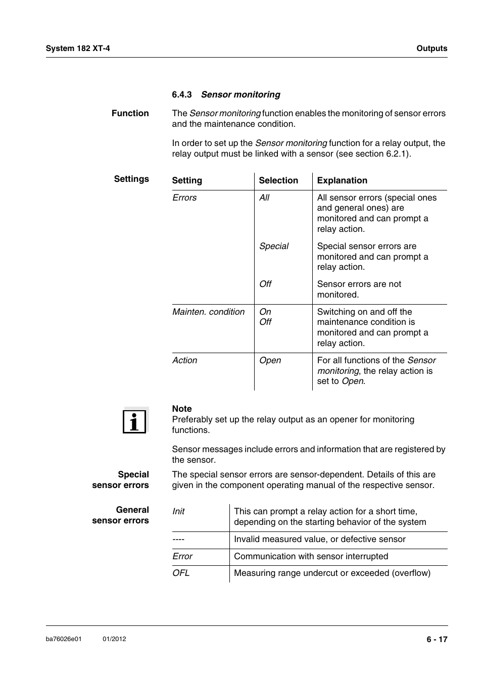 3 sensor monitoring, Senso, E section 6.4.3 | YSI DIQ/S 182 XT-4 System 182 XT-4 User Manual | Page 109 / 154