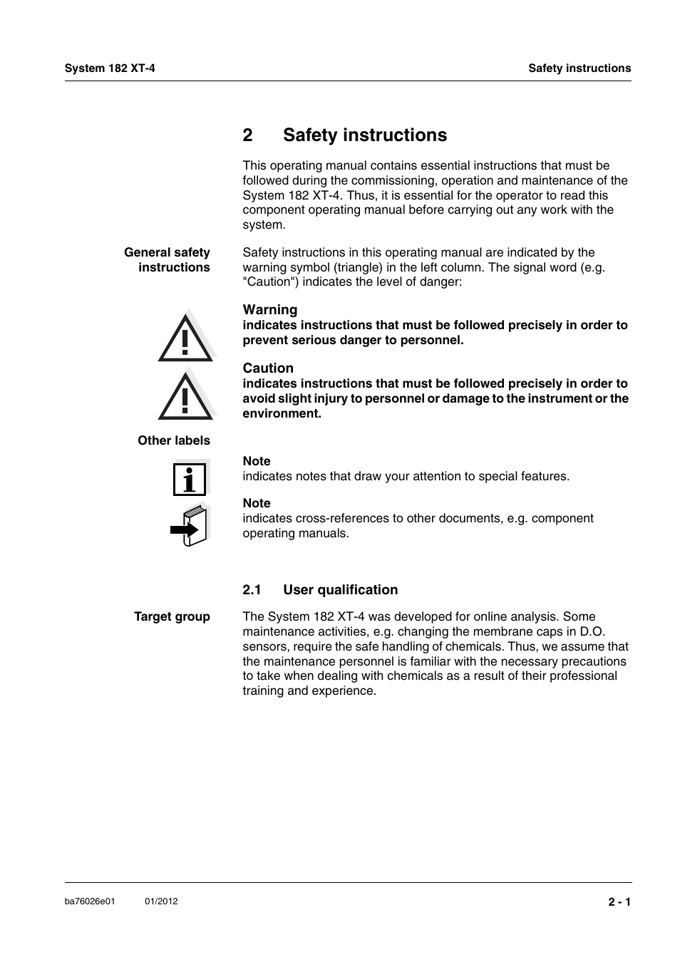 2 safety instructions, 1 user qualification, Safety instructions -1 | User qualification -1, 2safety instructions | YSI DIQ/S 182 XT-4 System 182 XT-4 User Manual | Page 11 / 154