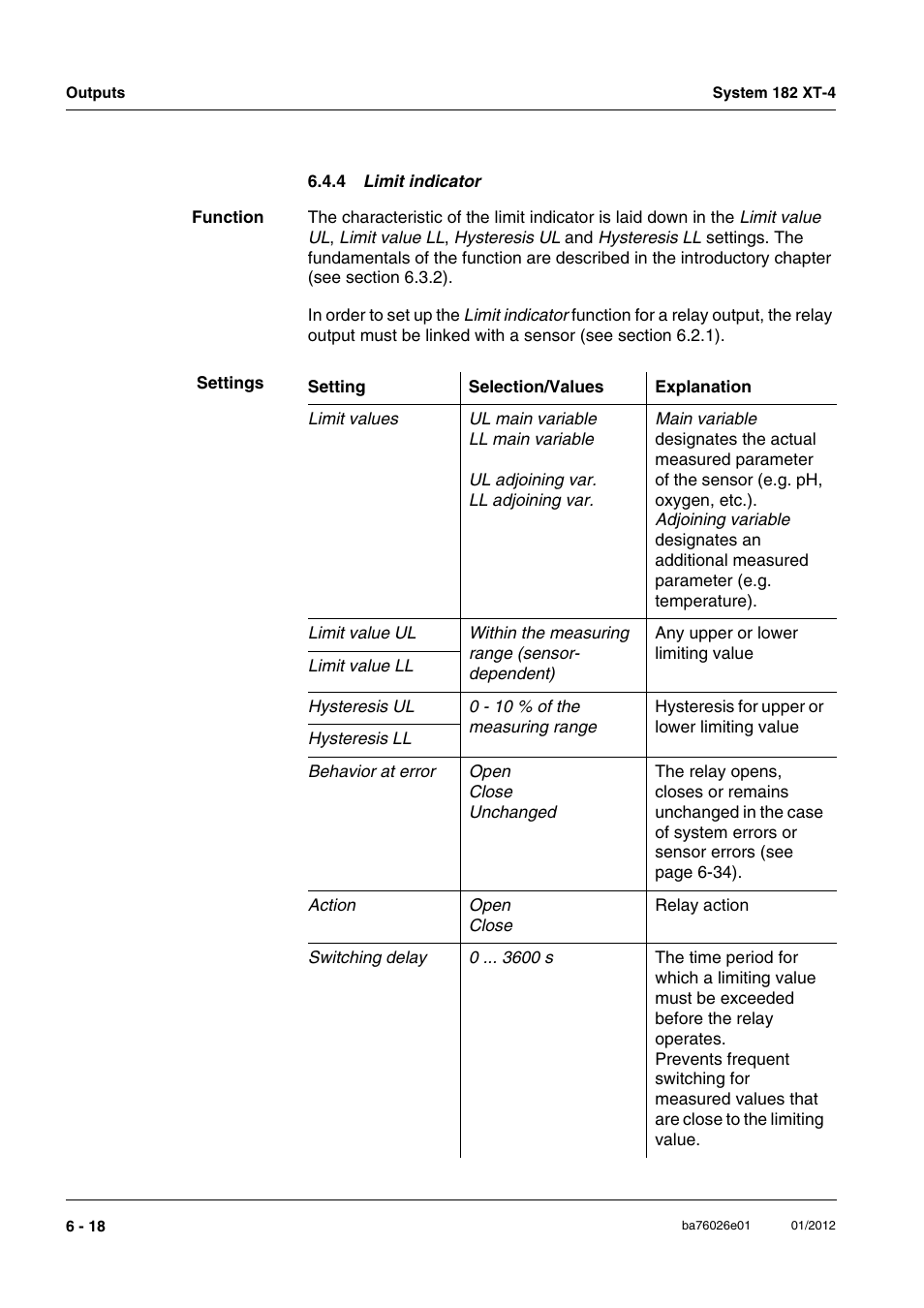 4 limit indicator, Limit indicator, E section 6.4.4 | YSI DIQ/S 182 XT-4 System 182 XT-4 User Manual | Page 110 / 154