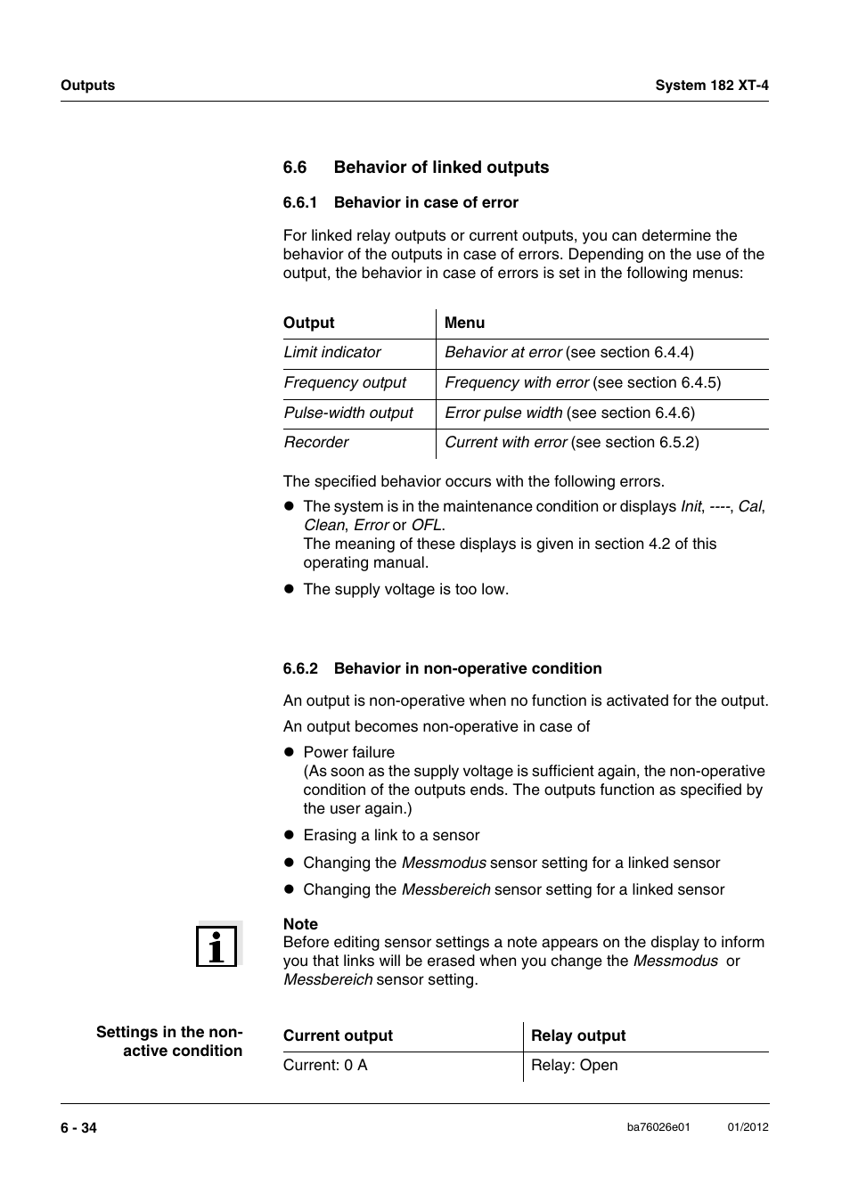 6 behavior of linked outputs, 1 behavior in case of error, 2 behavior in non-operative condition | Behavior of linked outputs -34 6.6.1, Behavior in case of error -34, Behavior in non-operative condition -34 | YSI DIQ/S 182 XT-4 System 182 XT-4 User Manual | Page 126 / 154