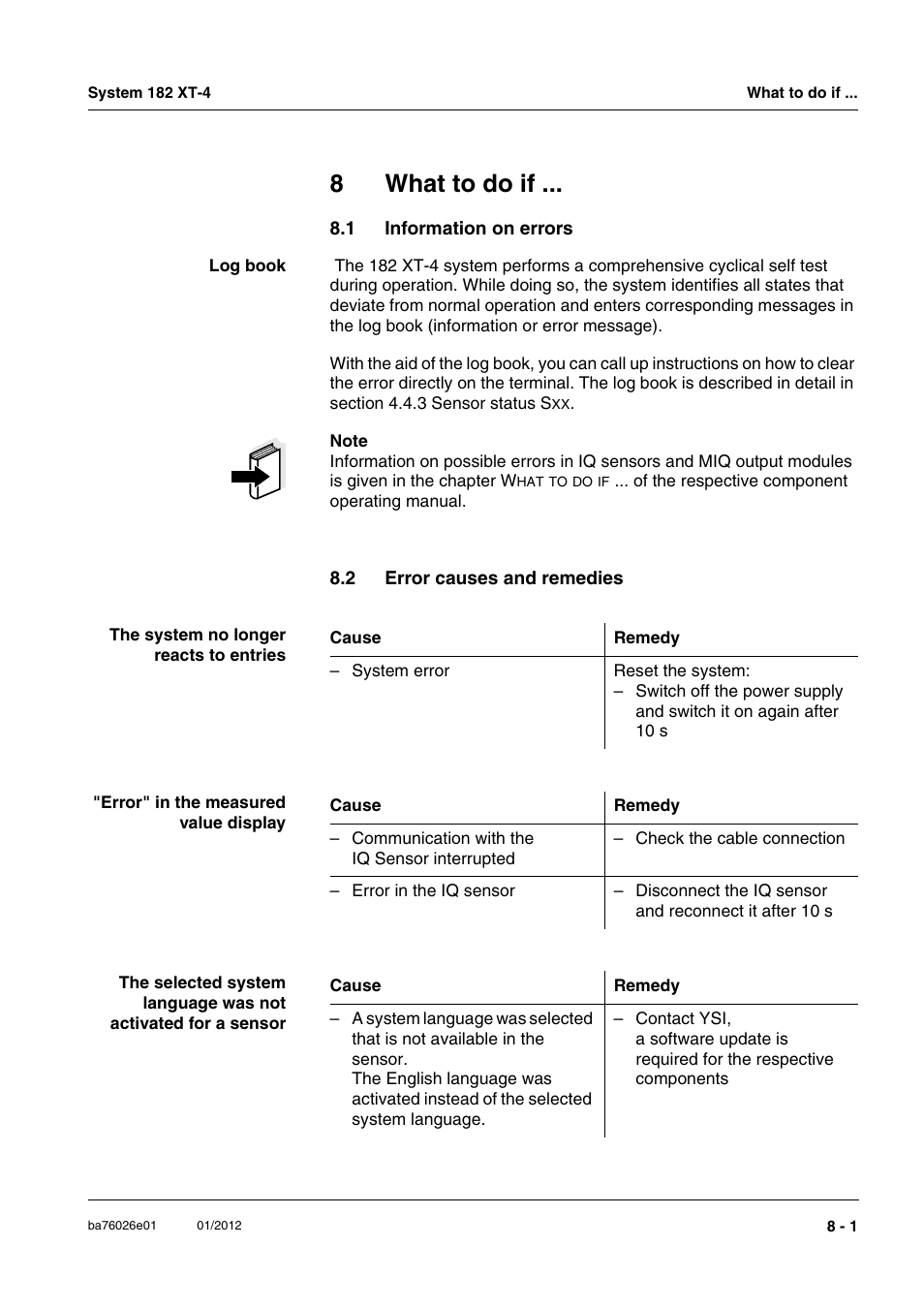 8 what to do if, 1 information on errors, 2 error causes and remedies | What to do if -1, Information on errors -1, Error causes and remedies -1, Chapter 8 w, 8what to do if | YSI DIQ/S 182 XT-4 System 182 XT-4 User Manual | Page 129 / 154