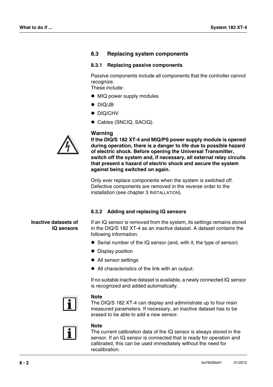 3 replacing system components, 1 replacing passive components, 2 adding and replacing iq sensors | Replacing system components -2 8.3.1, Replacing passive components -2, Adding and replacing iq sensors -2 | YSI DIQ/S 182 XT-4 System 182 XT-4 User Manual | Page 130 / 154